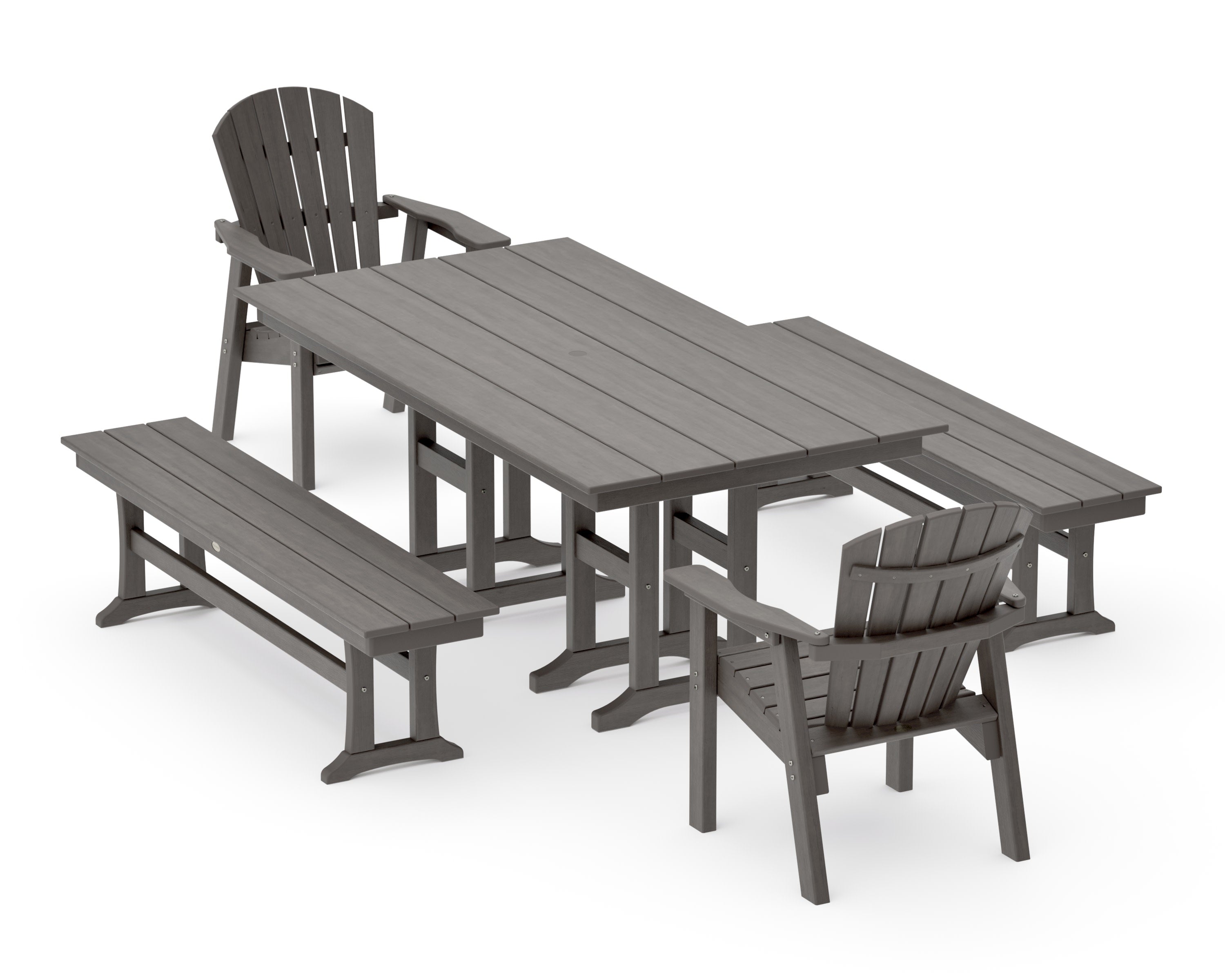 Seashell 5-Piece Farmhouse Dining Set with Benches in Driftwood