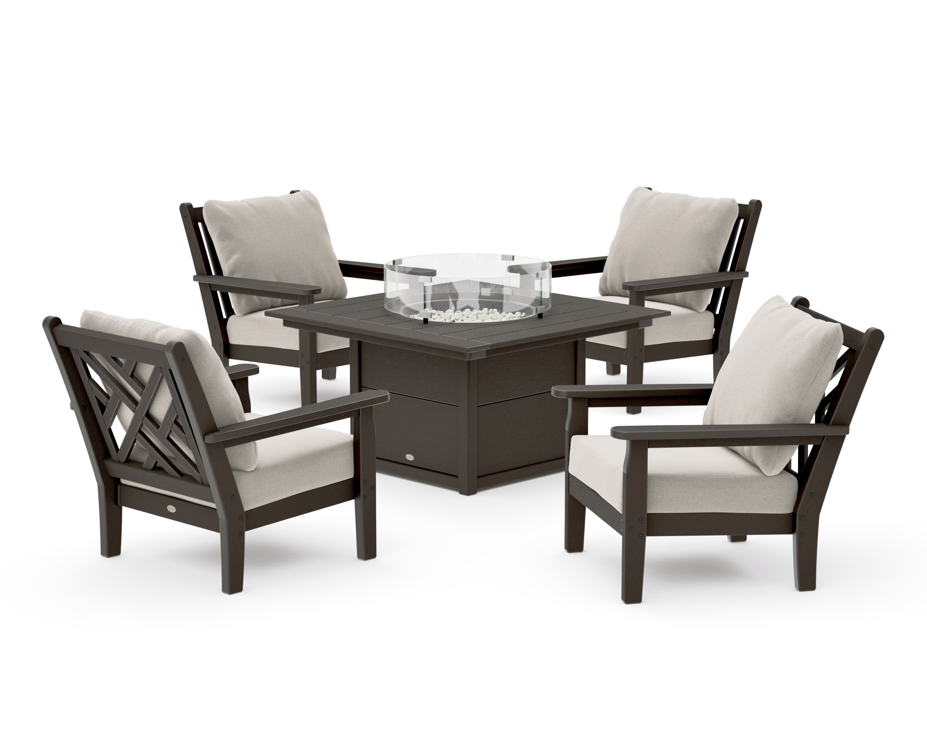 Chippendale 5-Piece Deep Seating Set with Fire Pit Table in Vintage Coffee / Dune Burlap