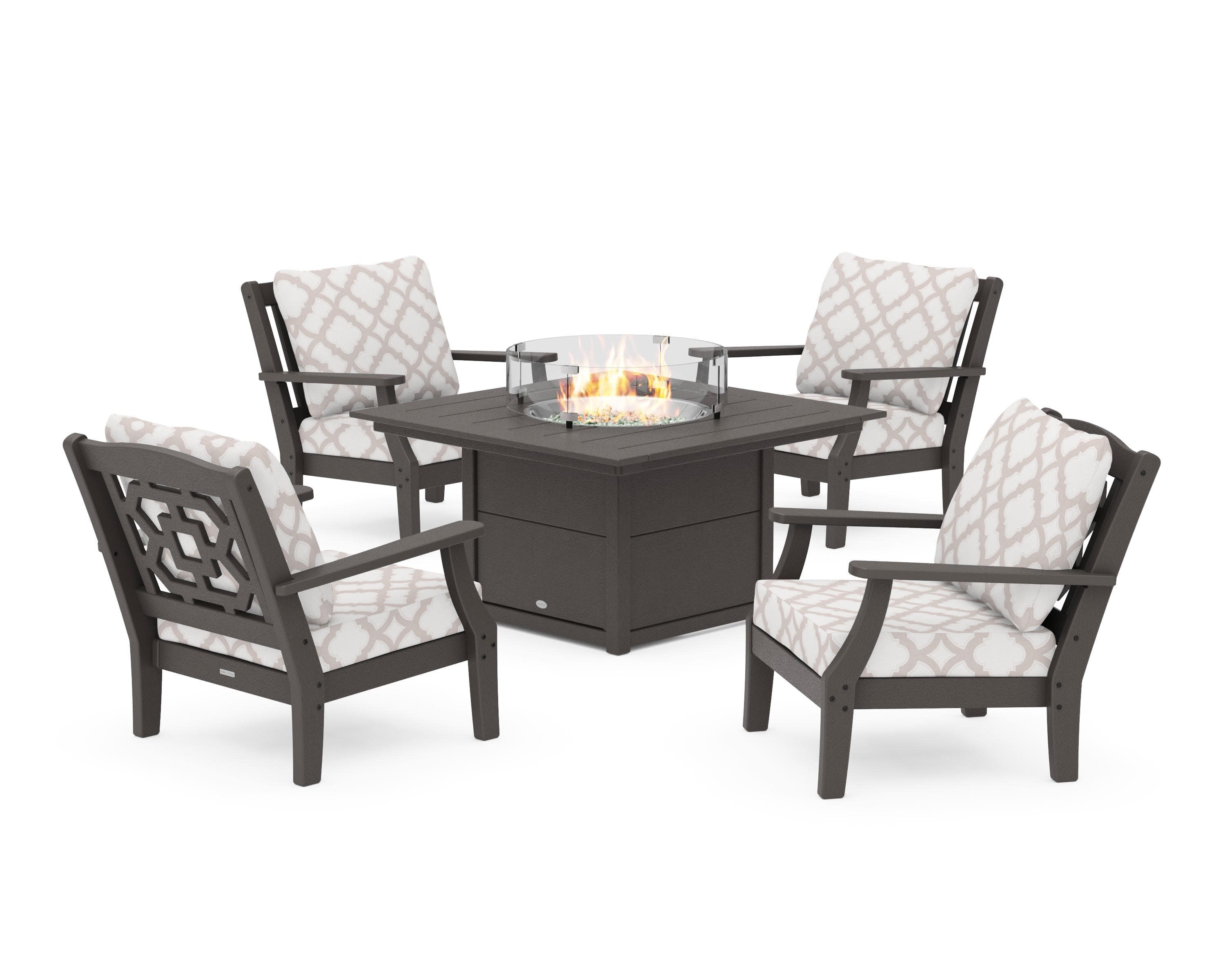 Chinoiserie 5-Piece Deep Seating Set with Fire Pit Table in Vintage Coffee / Trellis Dune Burlap
