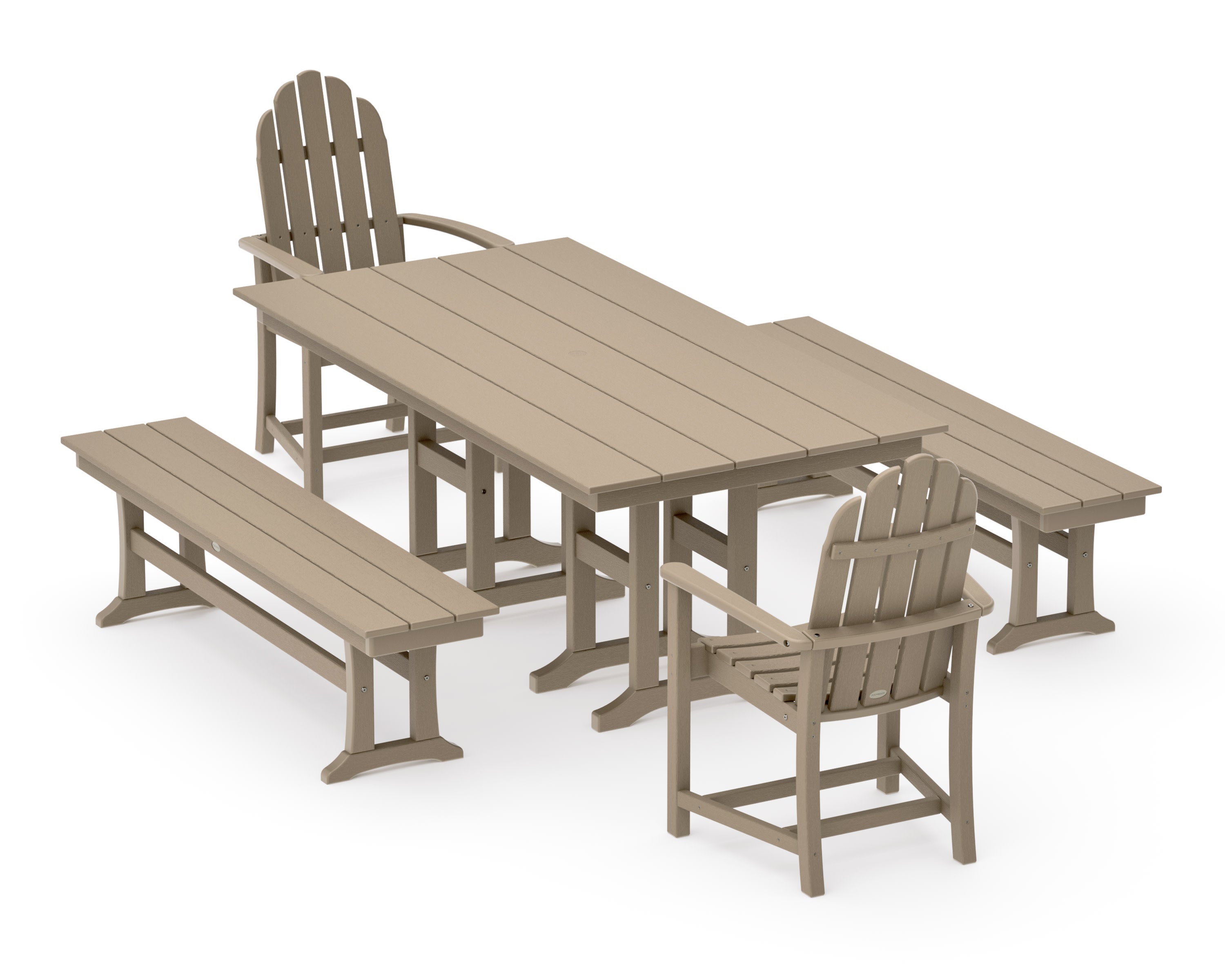 Classic Adirondack 5-Piece Farmhouse Dining Set with Benches in Vintage Sahara
