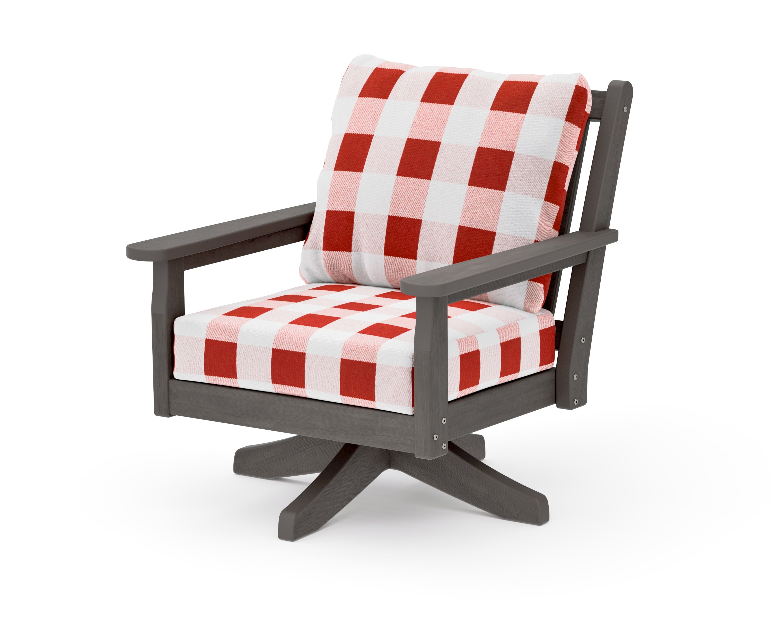 Chippendale Deep Seating Swivel Chair in Driftwood / Buffalo Plaid Crimson