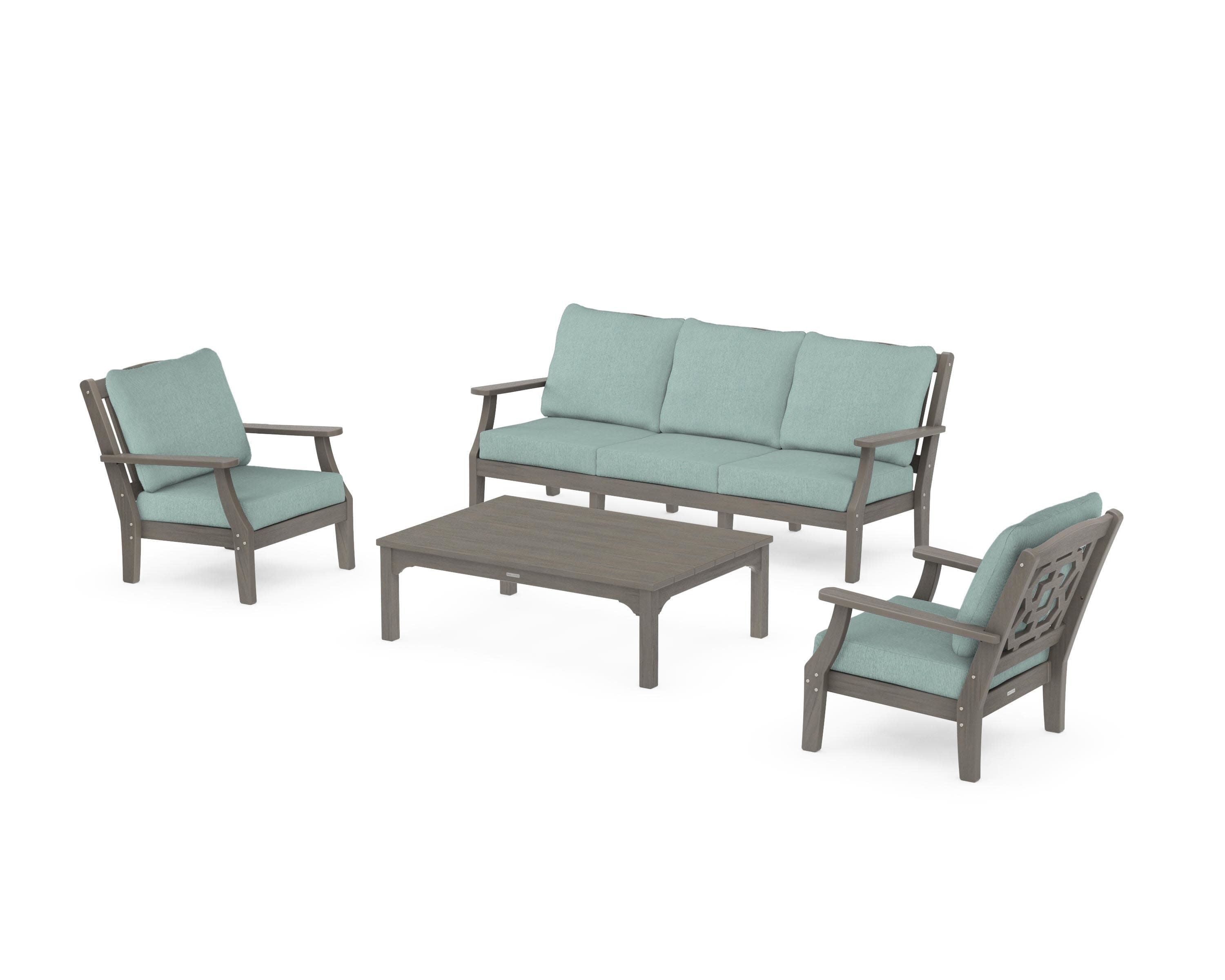 Chinoiserie 4-Piece Deep Seating Set with Sofa in Driftwood / Glacier Spa