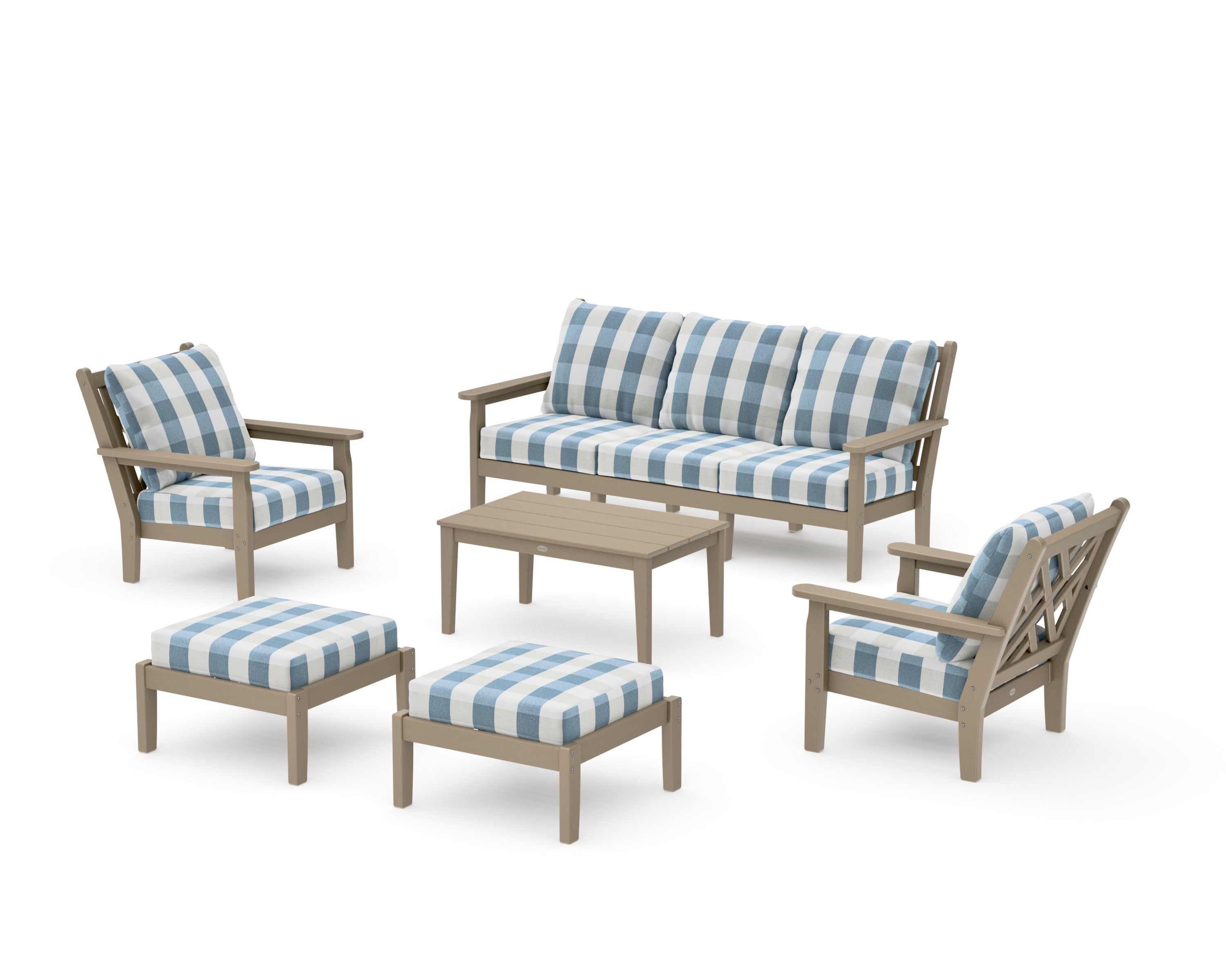 Chippendale 6-Piece Lounge Sofa Set in Vintage Sahara / Buffalo Plaid Sky Blue