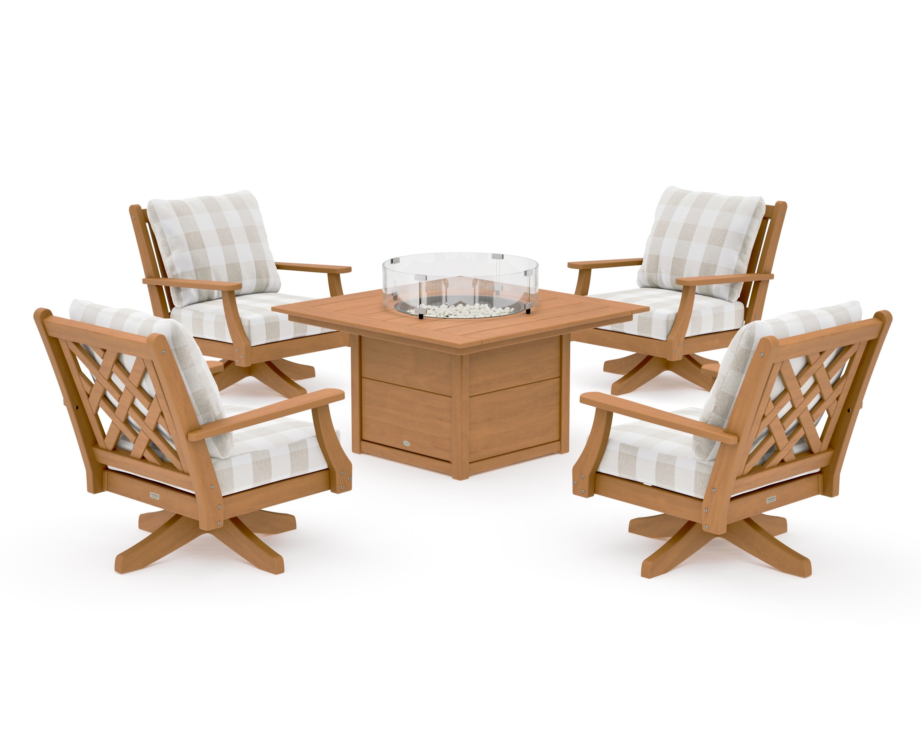 Wovendale 5-Piece Deep Seating Swivel Conversation Set with Fire Pit Table in Natural / Buffalo Plaid Dune Burlap