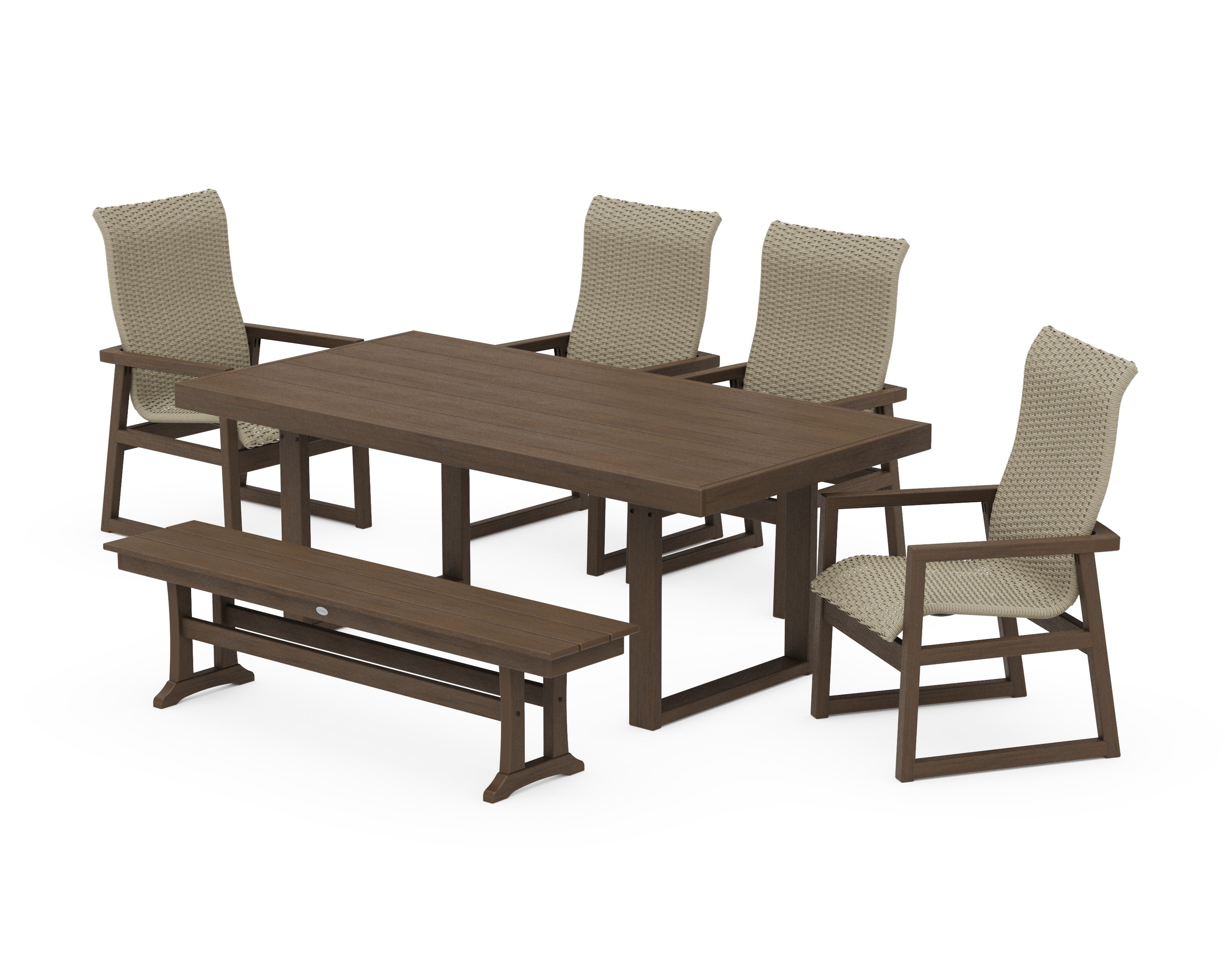 EDGE Woven Highback 6-Piece Dining Set with Bench in Kona / Dune Grass