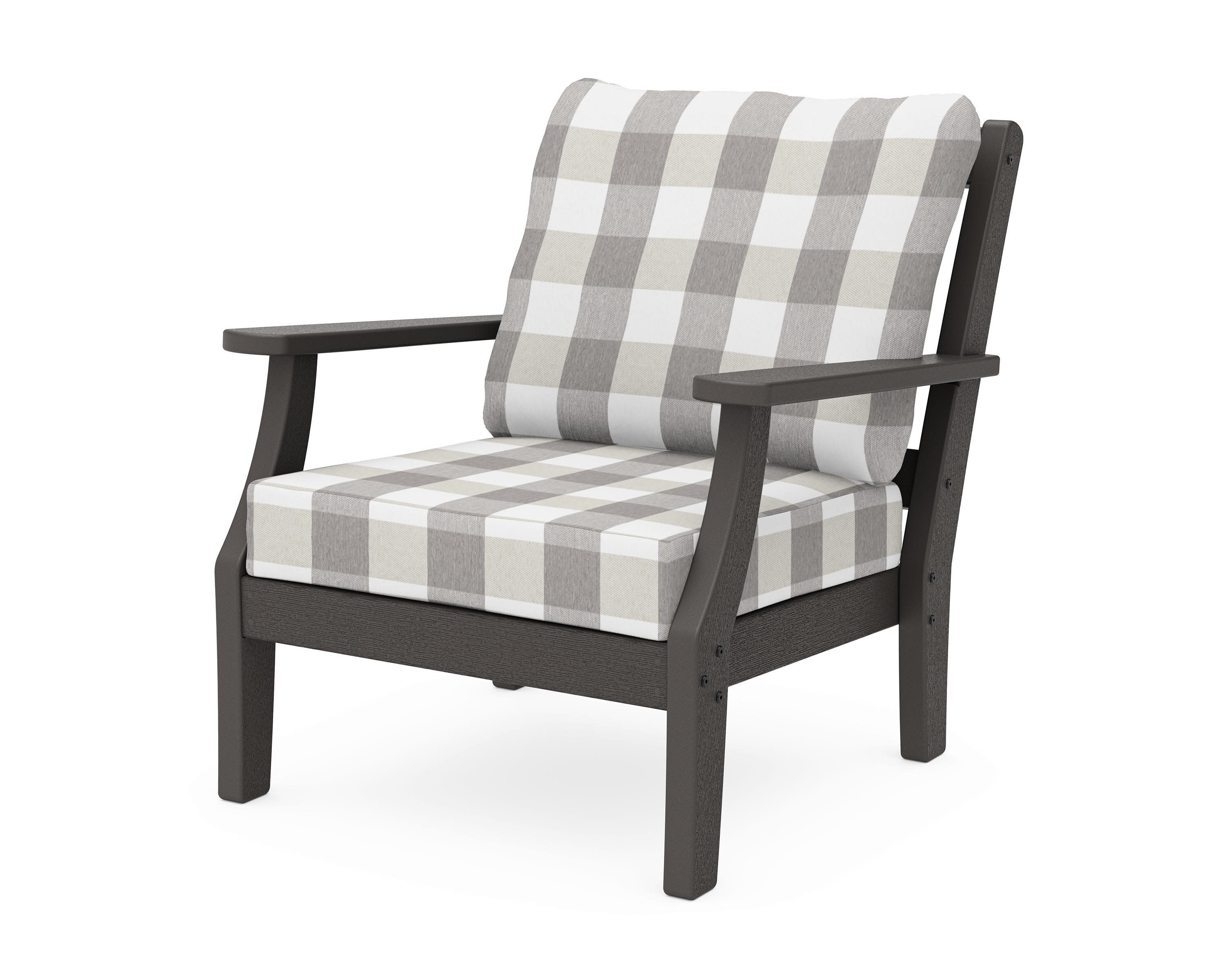 Chinoiserie Deep Seating Chair in Vintage Coffee / Buffalo Plaid Grey Mist