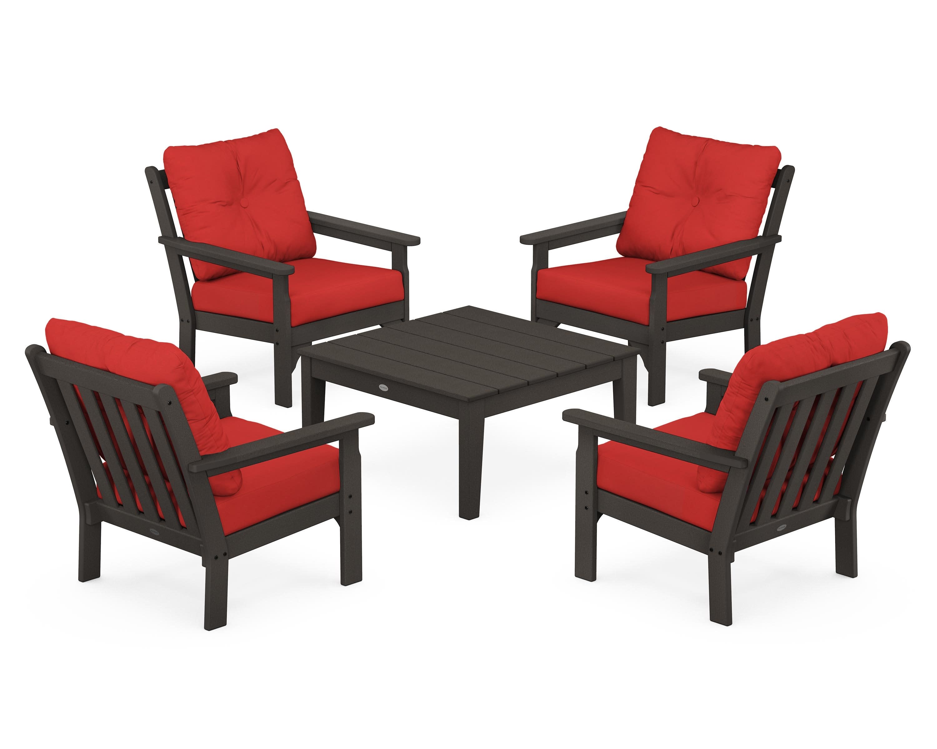 Vineyard 5-Piece Deep Seating Conversation Set in Vintage Coffee / Crimson Linen