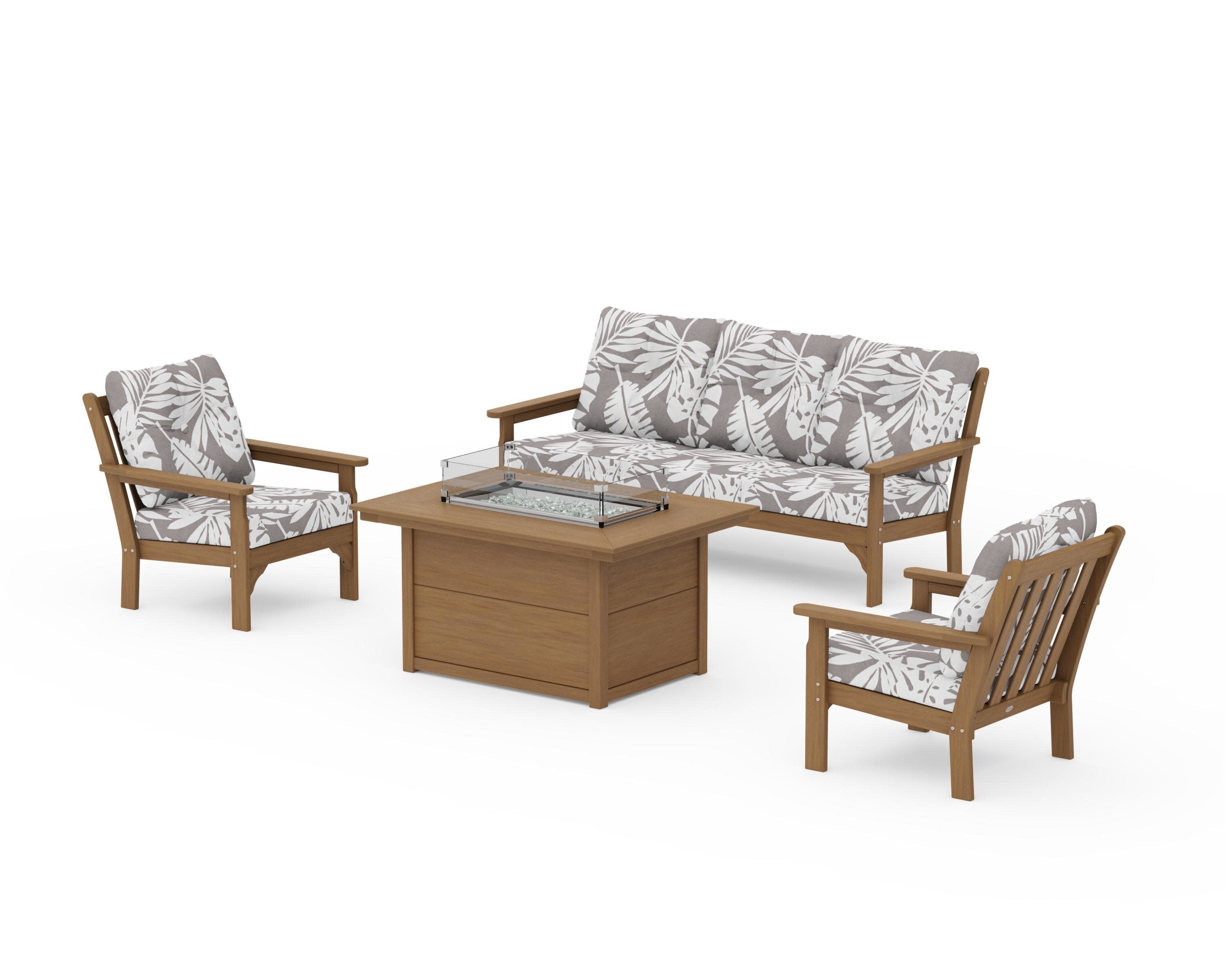 Vineyard Deep Seating Fire Pit Table Set in Natural / Leaf Grey Mist