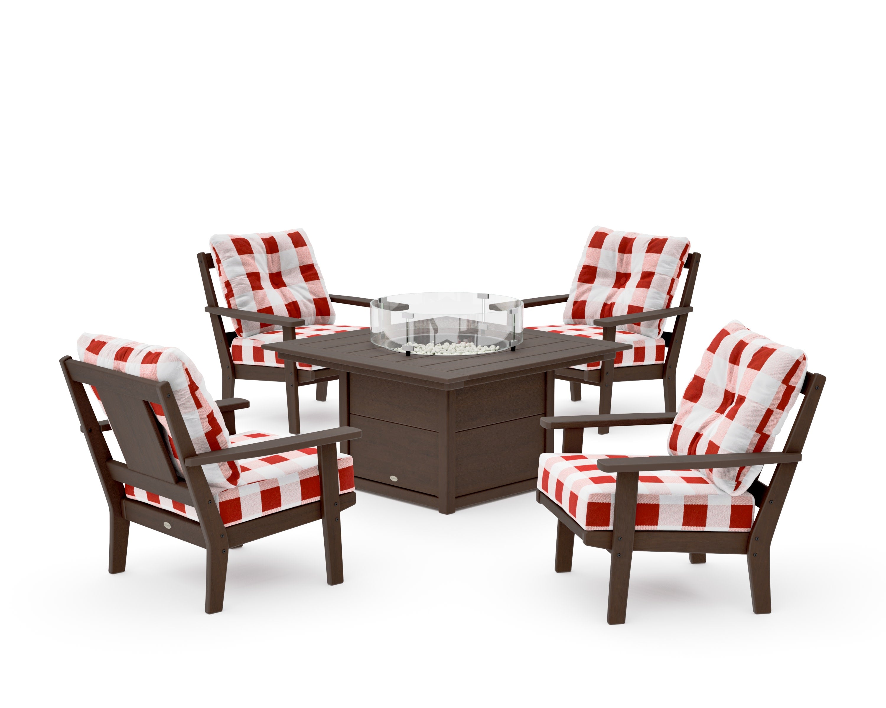 Prairie 5-Piece Deep Seating Set with Fire Pit Table in Kona / Buffalo Plaid Crimson