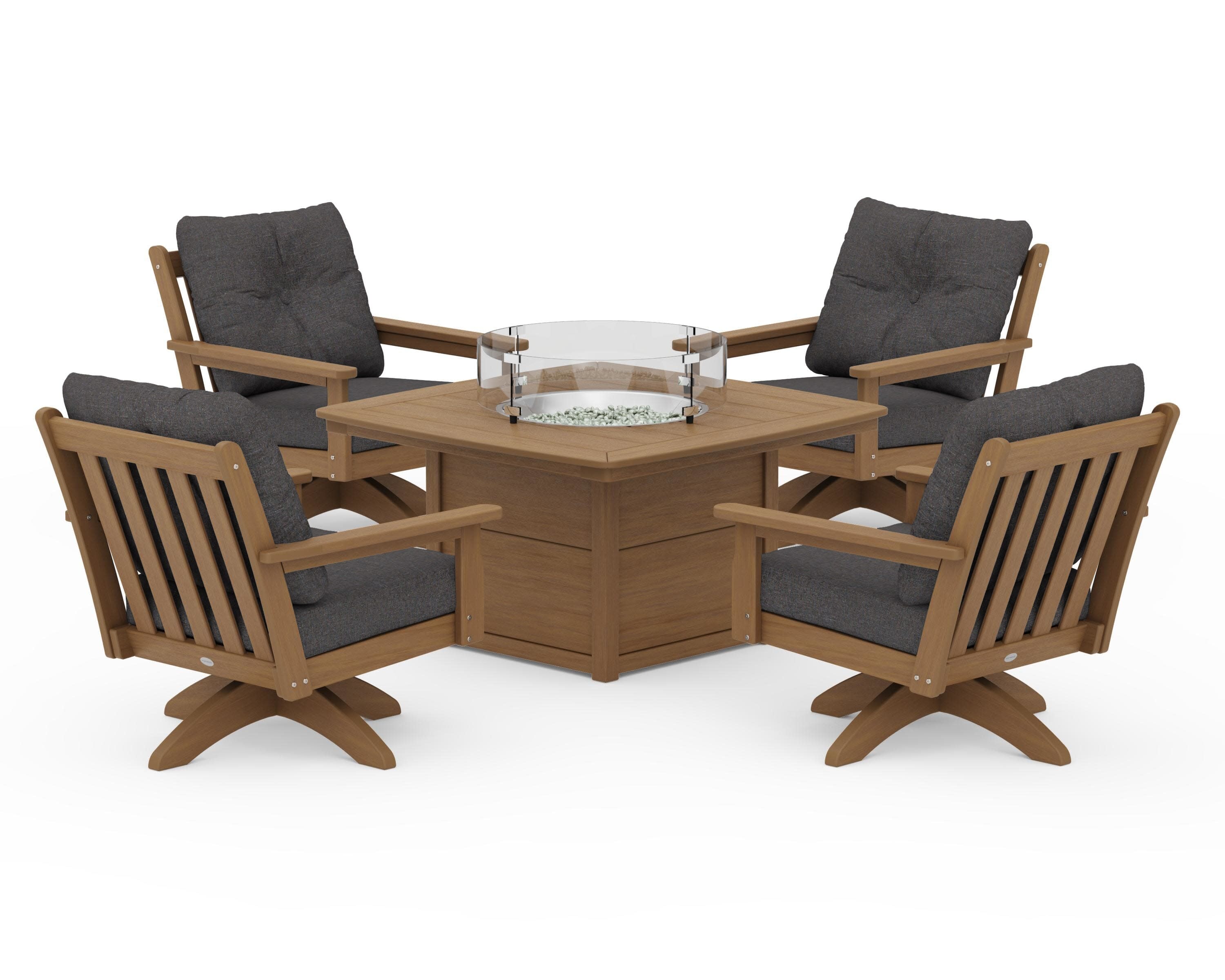 Vineyard 5-Piece Deep Seating Swivel Conversation Set with Fire Pit Table in Natural / Ash Charcoal