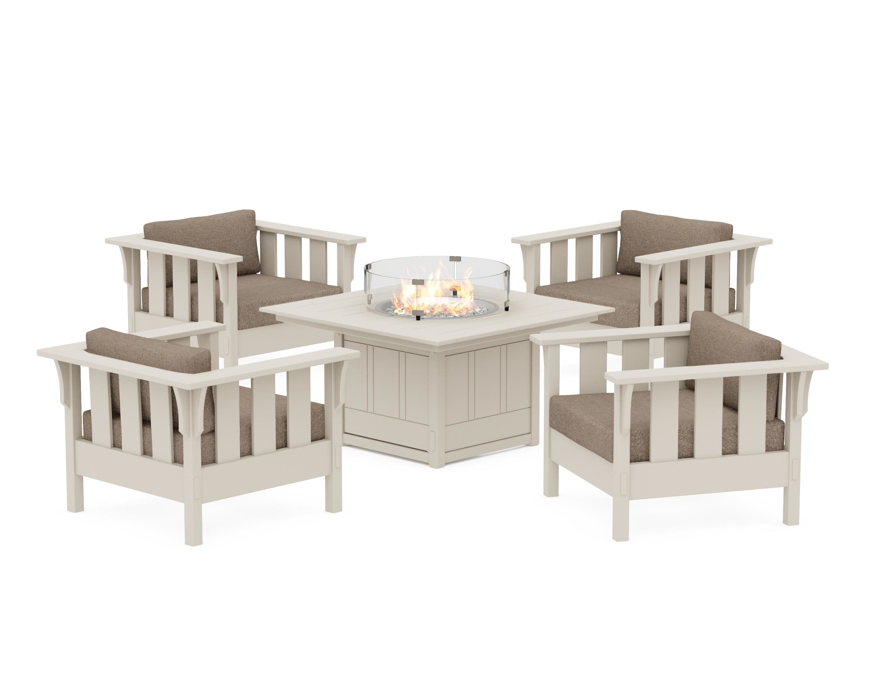 Acadia 5-Piece Deep Seating Set with Fire Pit Table in Sand / Spiced Burlap