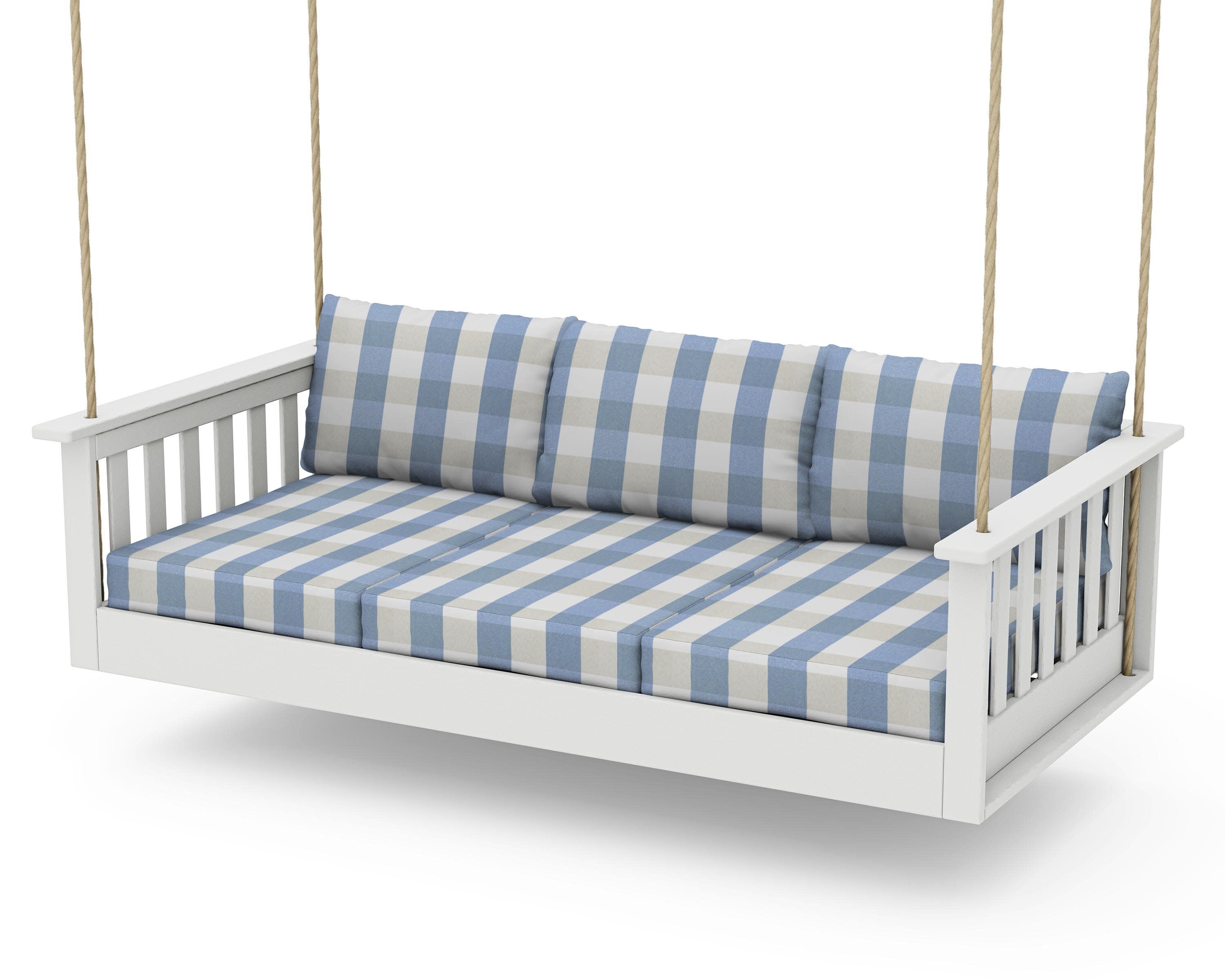 Vineyard Daybed Swing in Vintage White / Buffalo Plaid Sky Blue