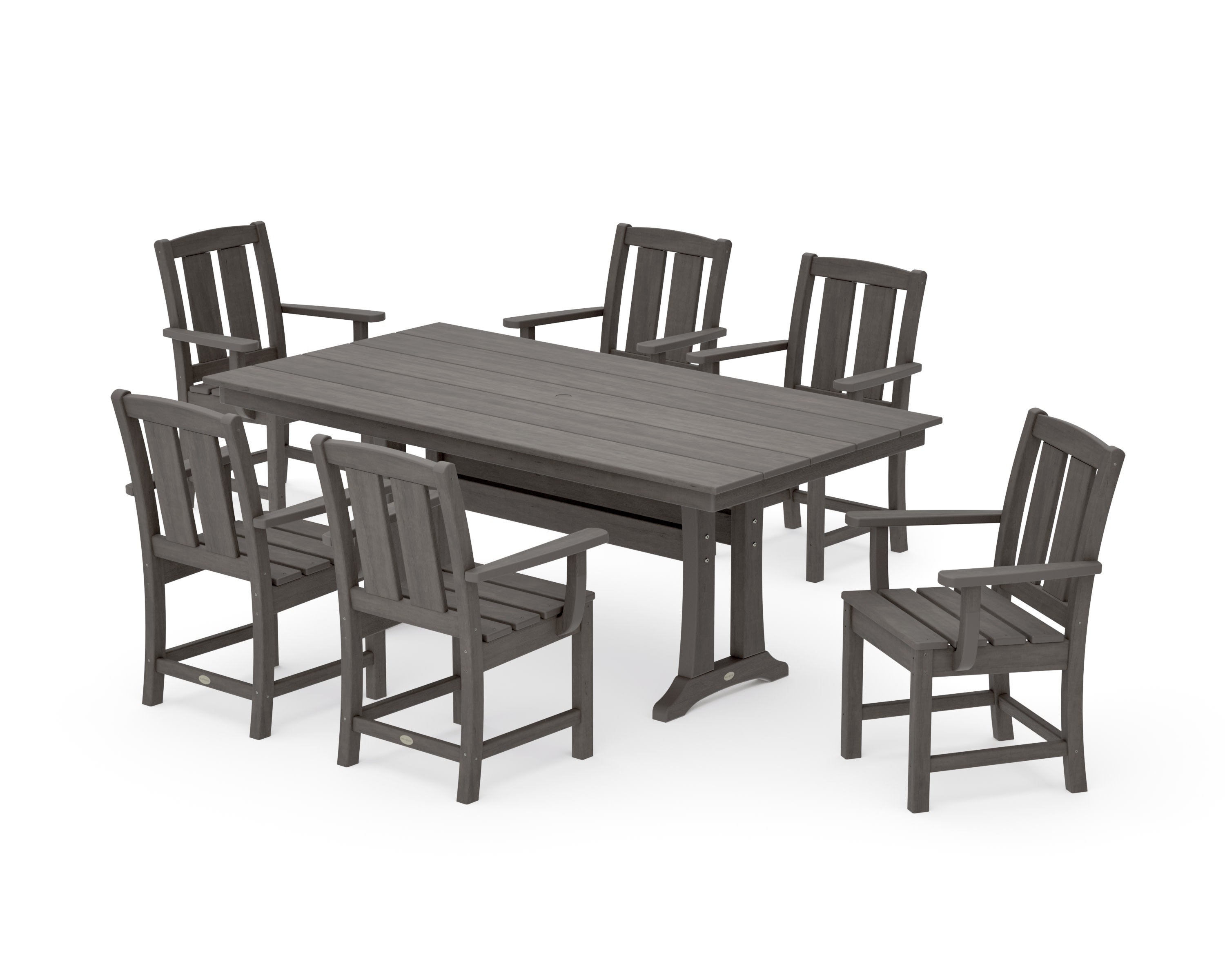 Mission Arm Chair 7-Piece Farmhouse Dining Set with Trestle Legs in Driftwood