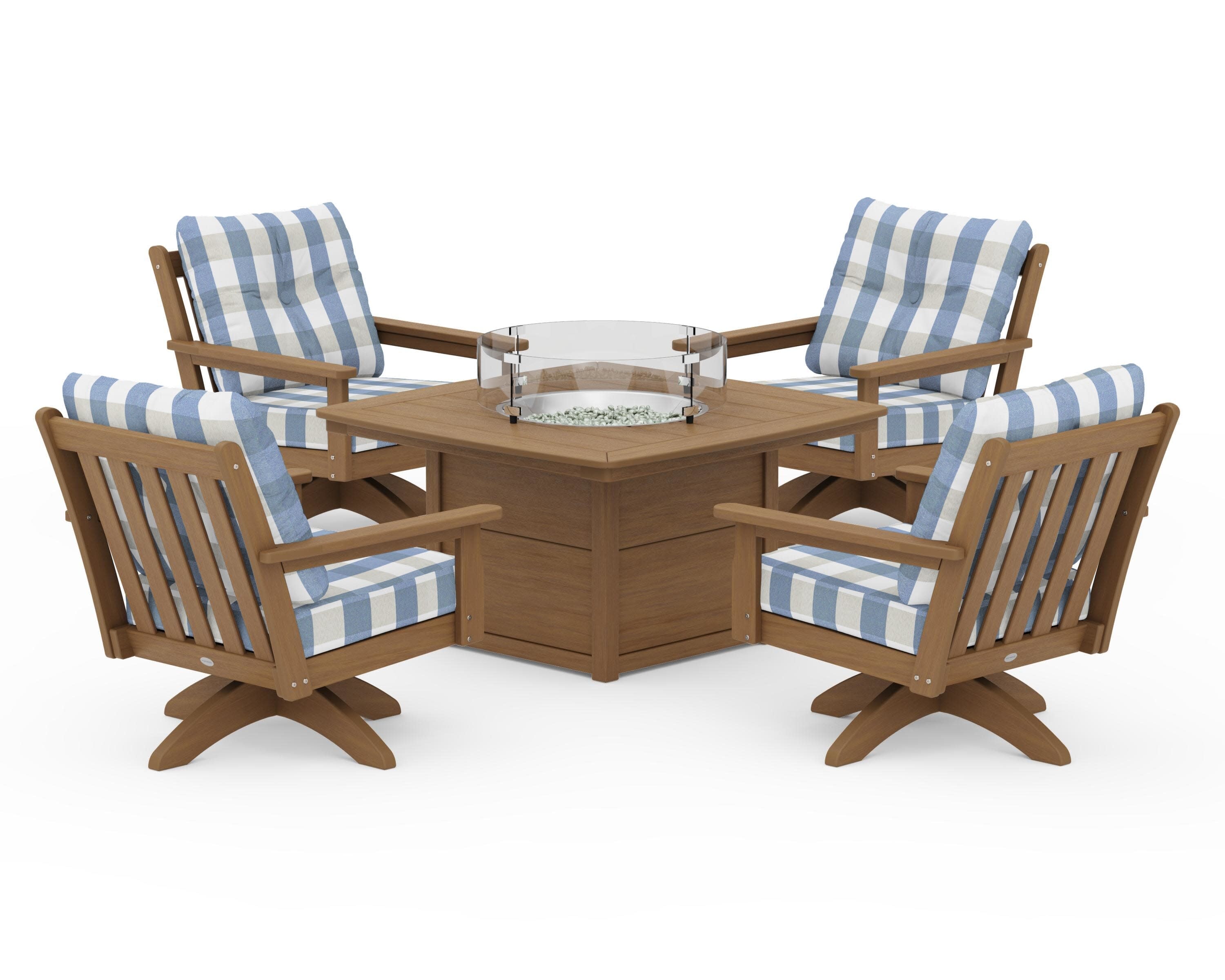 Vineyard 5-Piece Deep Seating Swivel Conversation Set with Fire Pit Table in Natural / Buffalo Plaid Sky Blue