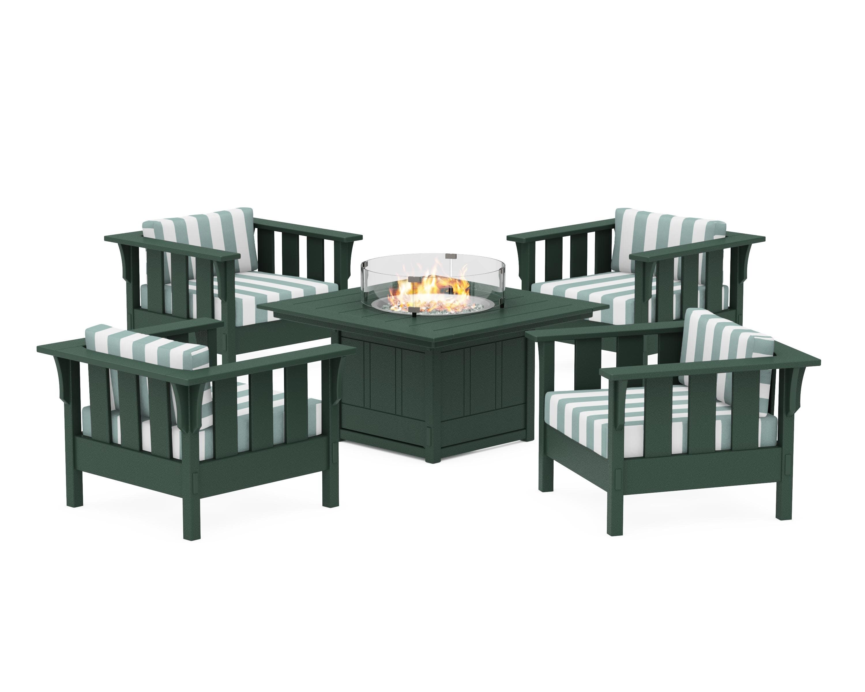 Acadia 5-Piece Deep Seating Set with Fire Pit Table in Green / Cabana Stripe Glacier Spa