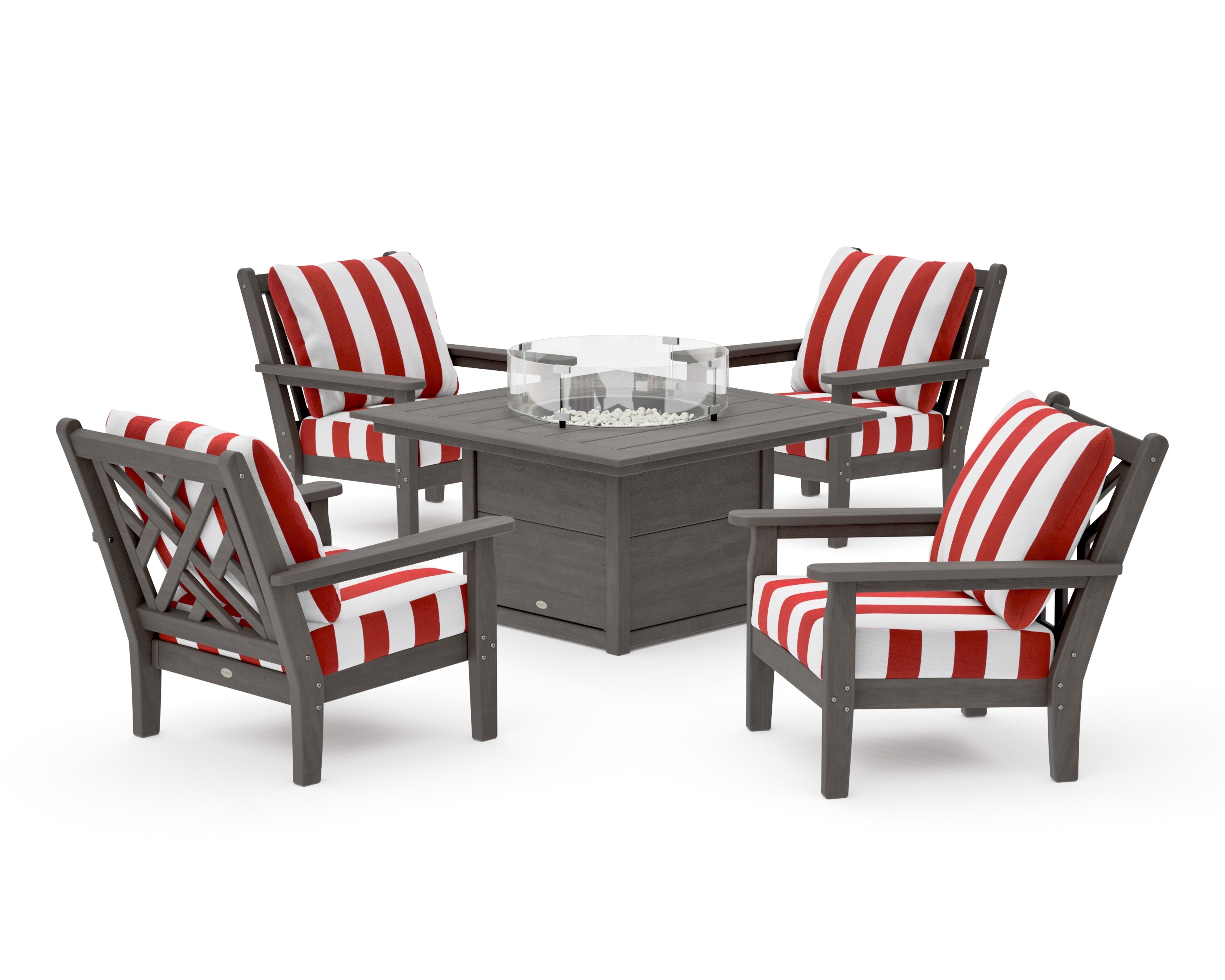 Chippendale 5-Piece Deep Seating Set with Fire Pit Table in Driftwood / Cabana Stripe Crimson