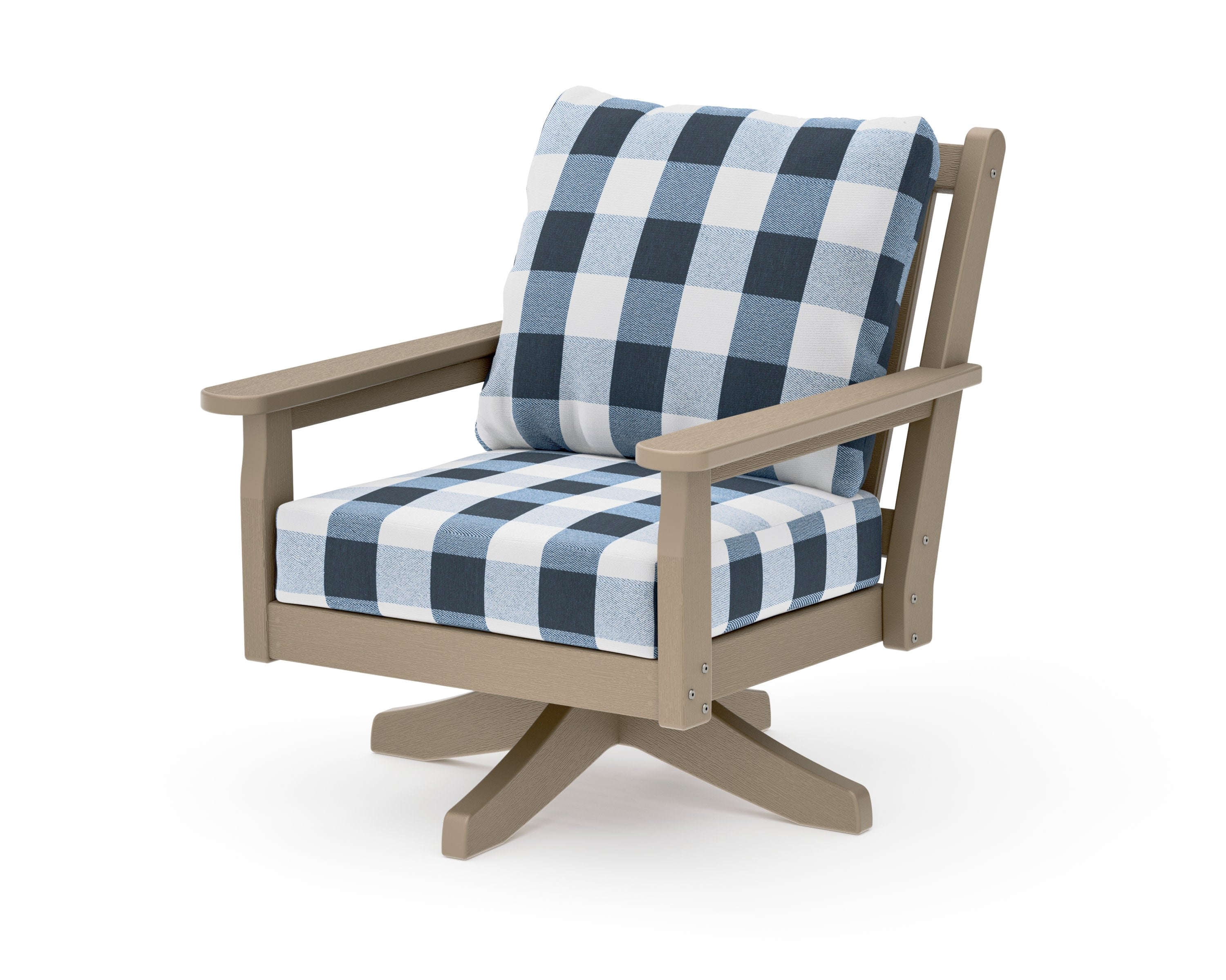 Chippendale Deep Seating Swivel Chair in Vintage Sahara / Buffalo Plaid Marine Indigo