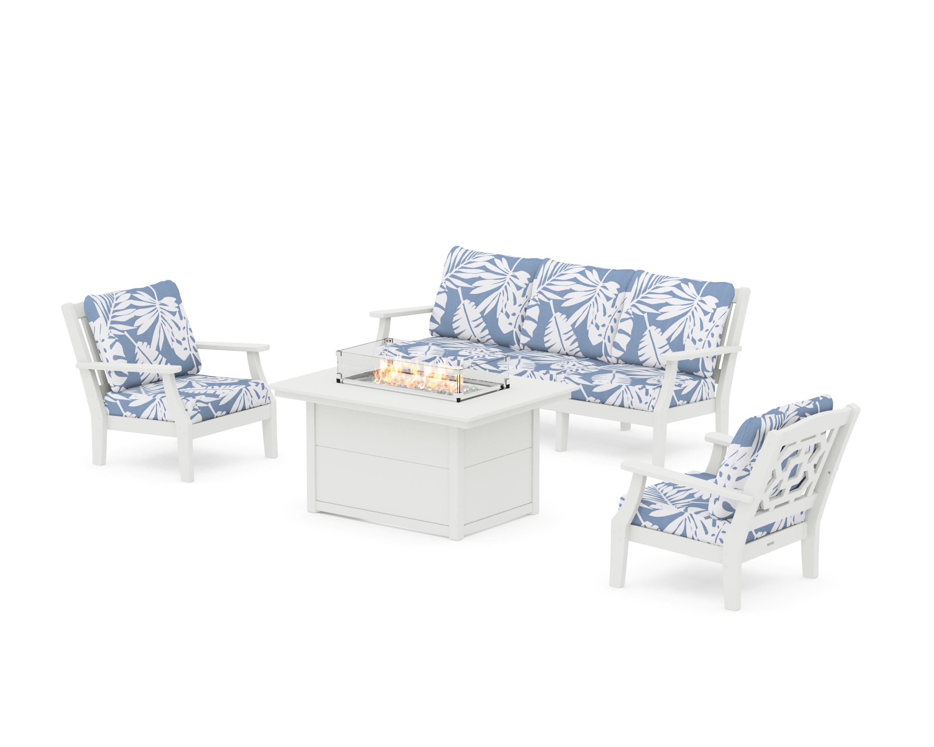 Chinoiserie Deep Seating Fire Pit Table Set in Vintage White / Leaf Sky Blue