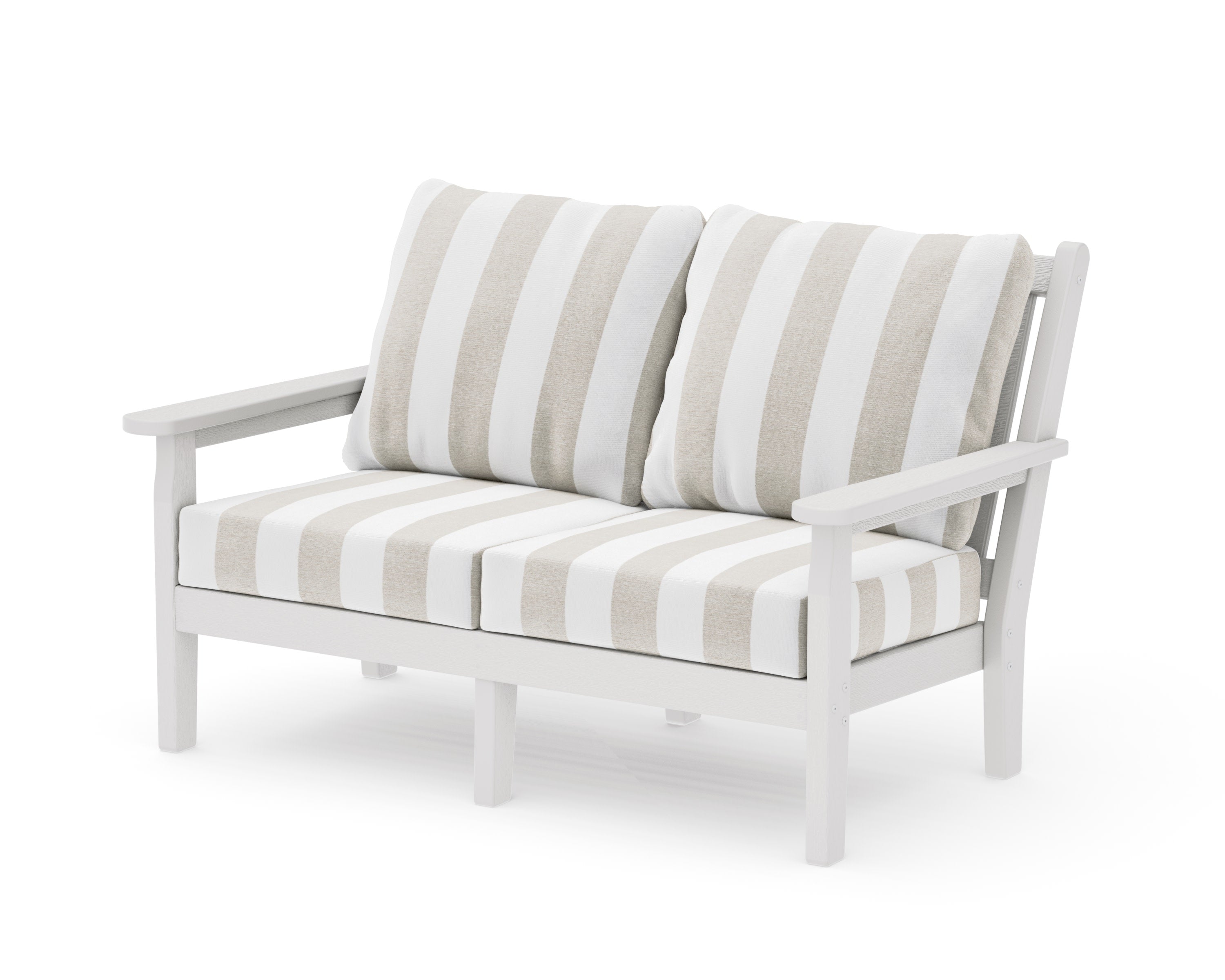 Chippendale Deep Seating Loveseat in Vintage White / Cabana Stripe Dune Burlap