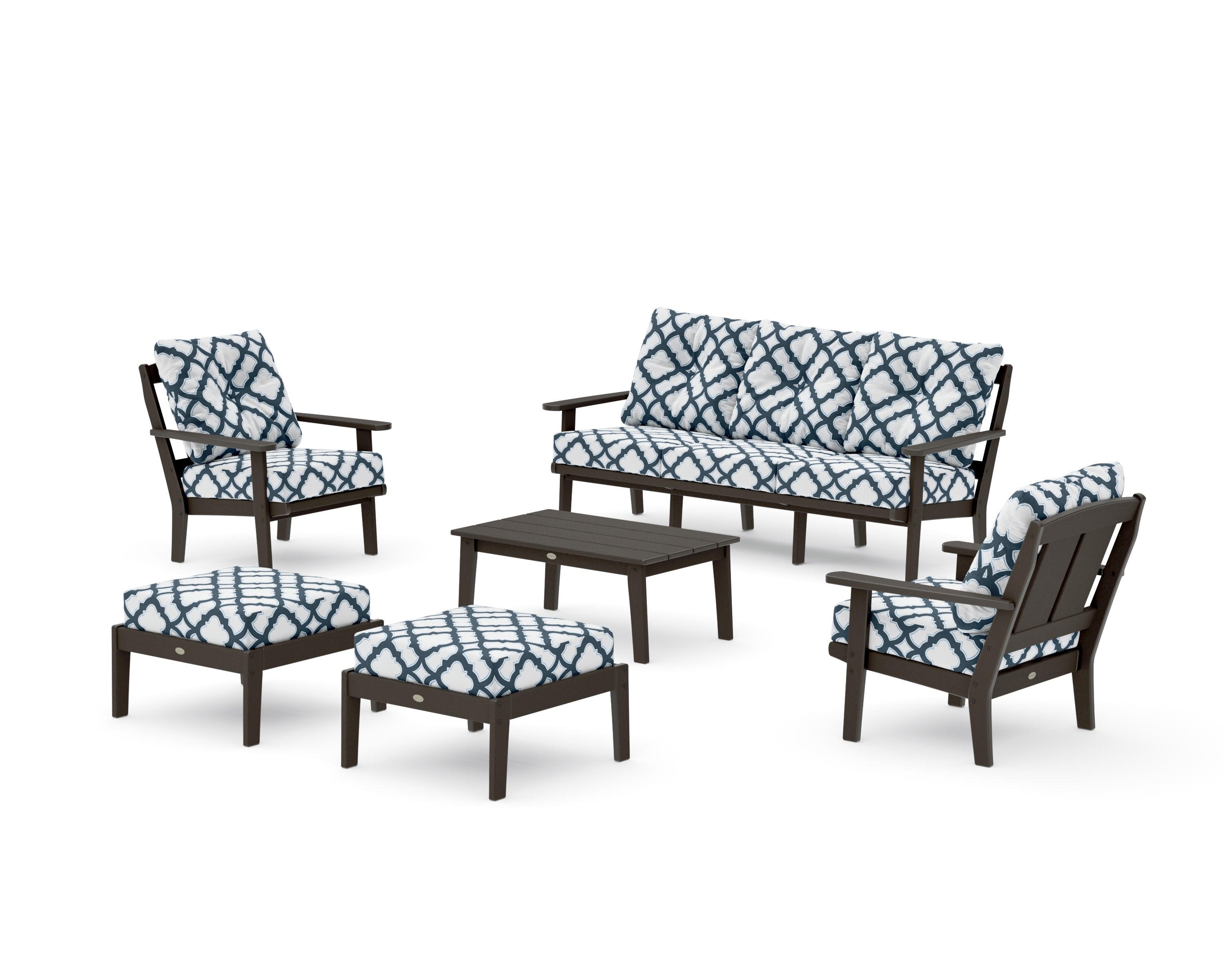 Mission 6-Piece Lounge Sofa Set in Vintage Coffee / Trellis Marine Indigo