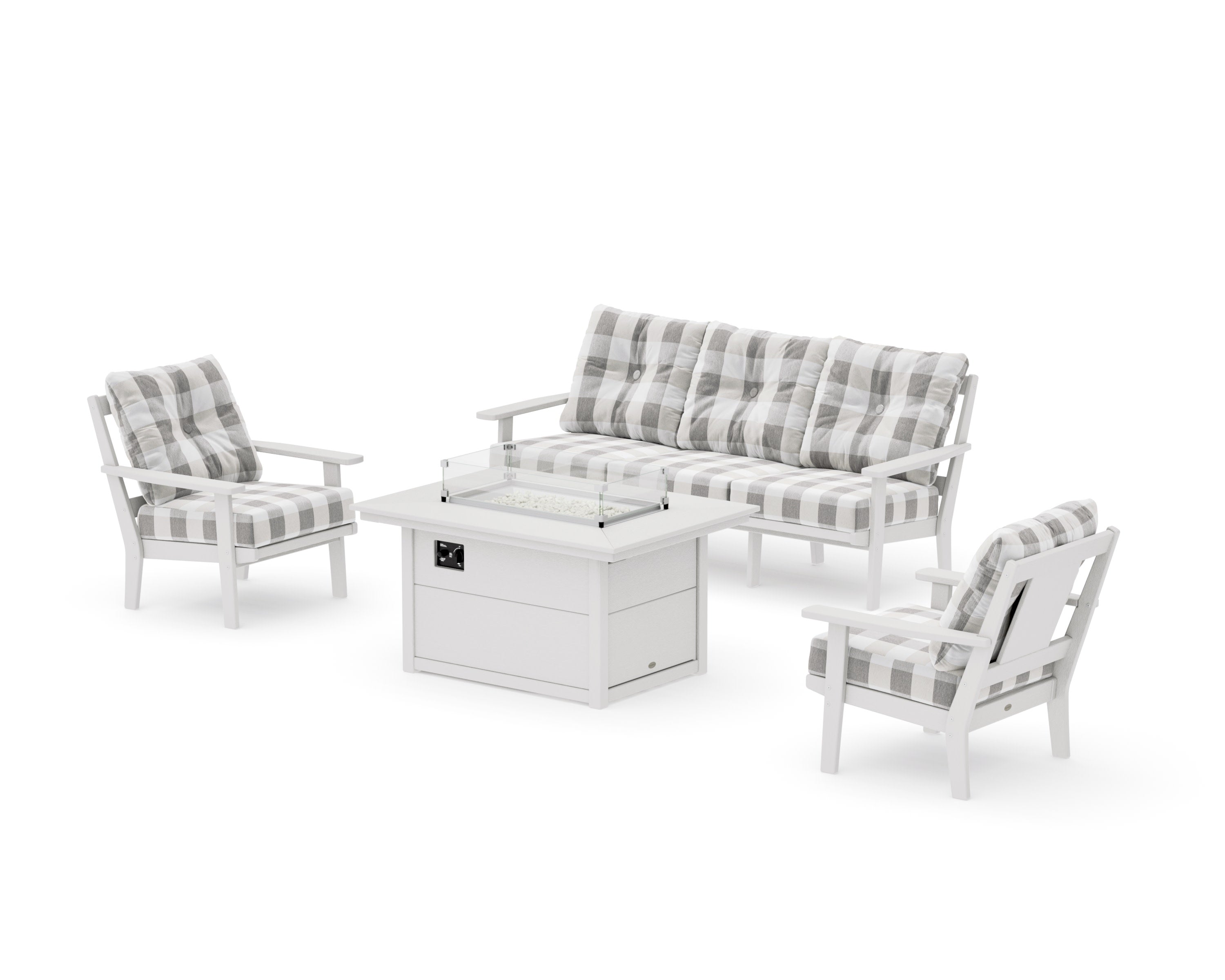 Prairie Deep Seating Fire Pit Table Set in Vintage White / Buffalo Plaid Grey Mist