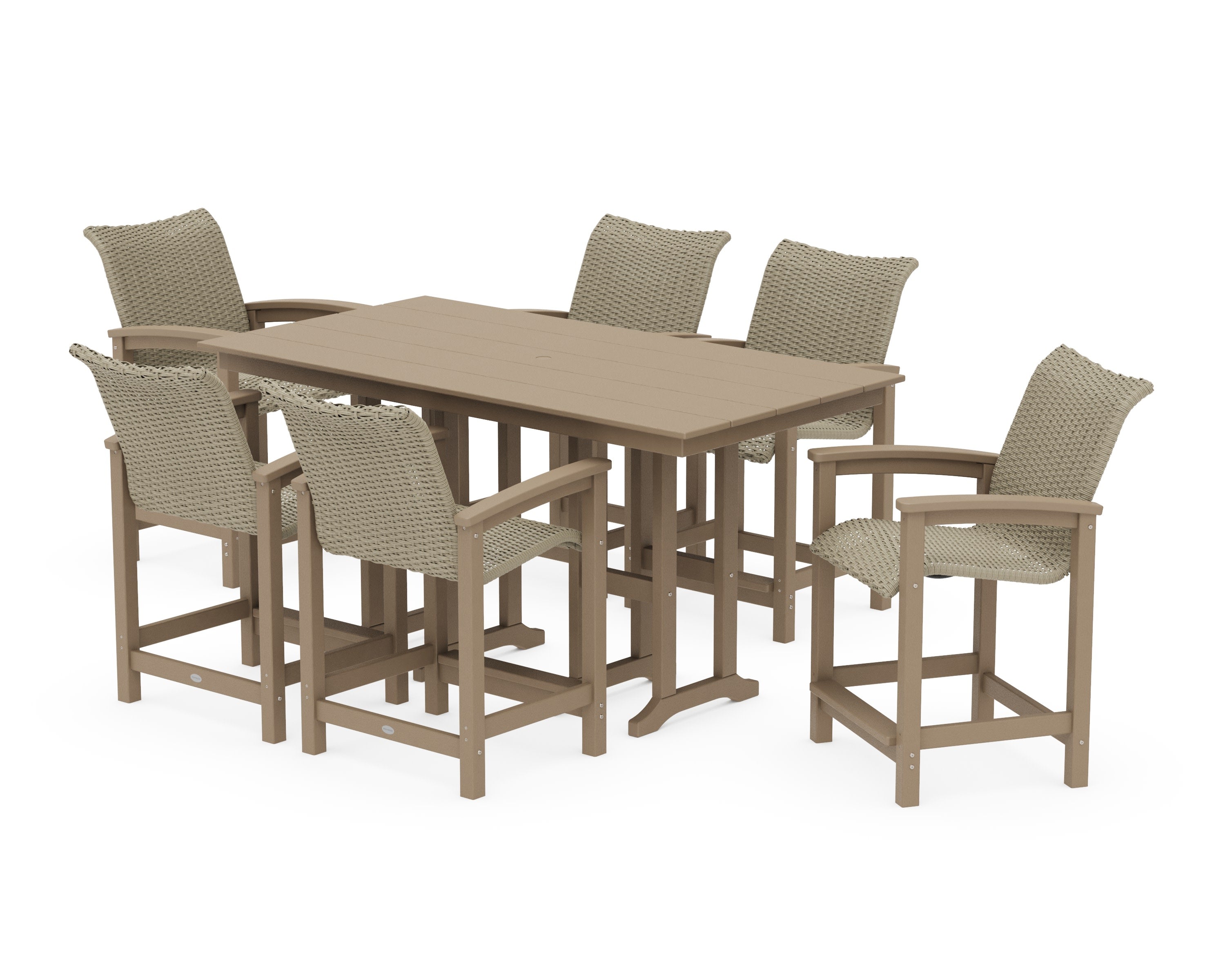 Coastal Woven Arm Chair 7-Piece Farmhouse Counter Set in Vintage Sahara / Dune Grass