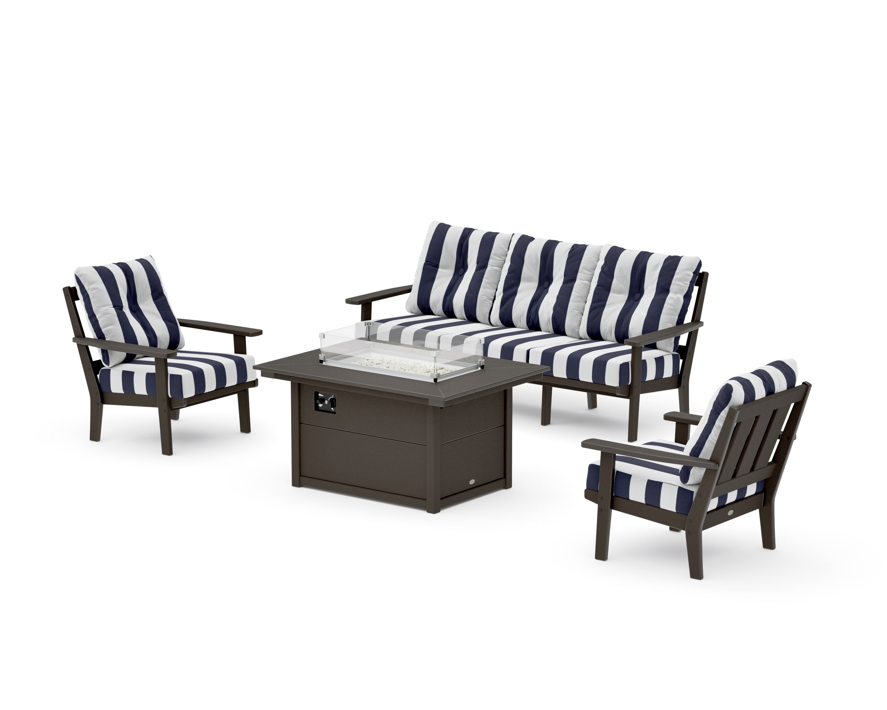 Oxford Deep Seating Fire Pit Table Set in Vintage Coffee / Cabana Stripe Navy