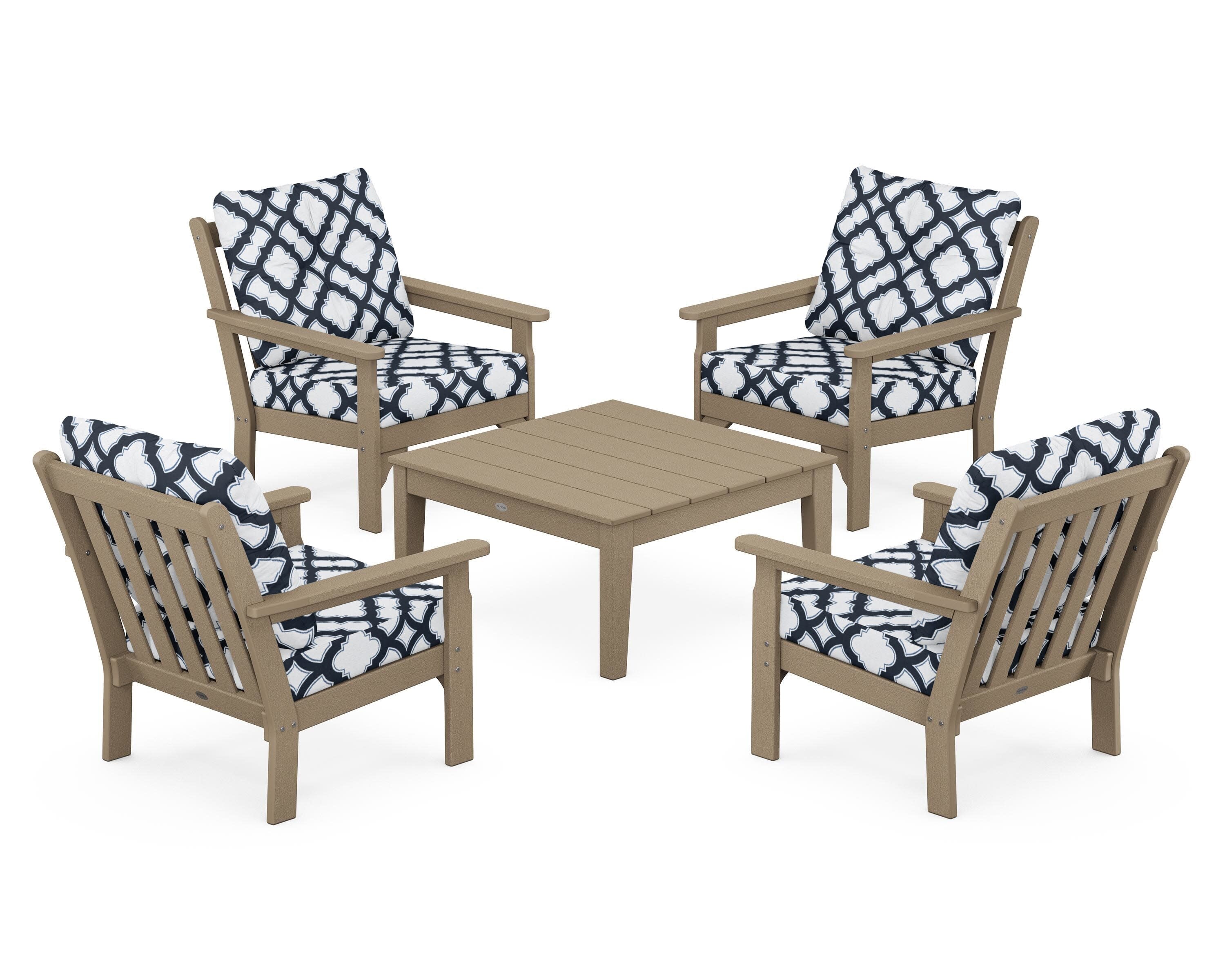 Vineyard 5-Piece Deep Seating Conversation Set in Vintage Sahara / Trellis Marine Indigo
