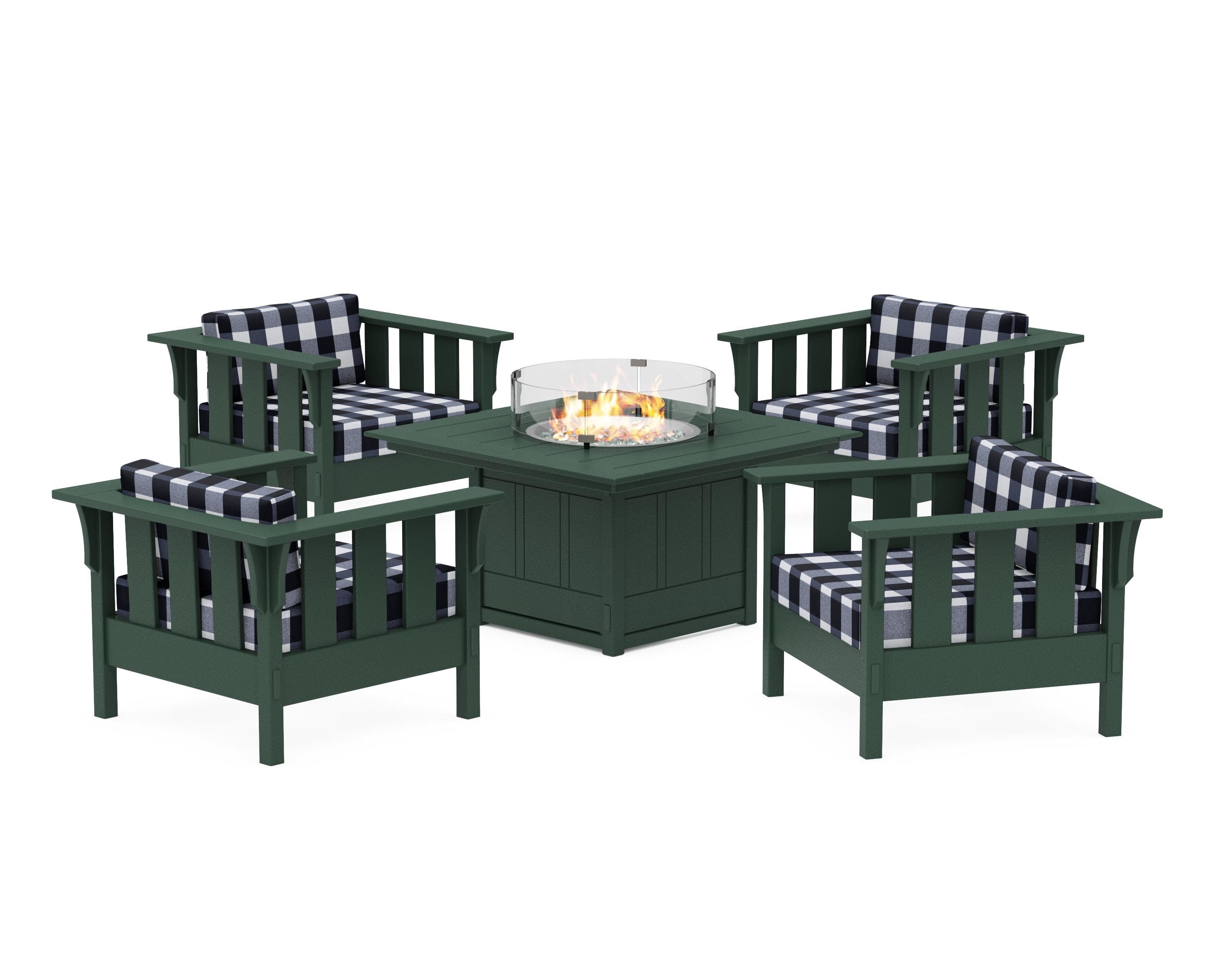 Acadia 5-Piece Deep Seating Set with Fire Pit Table in Green / Buffalo Plaid Marine Indigo