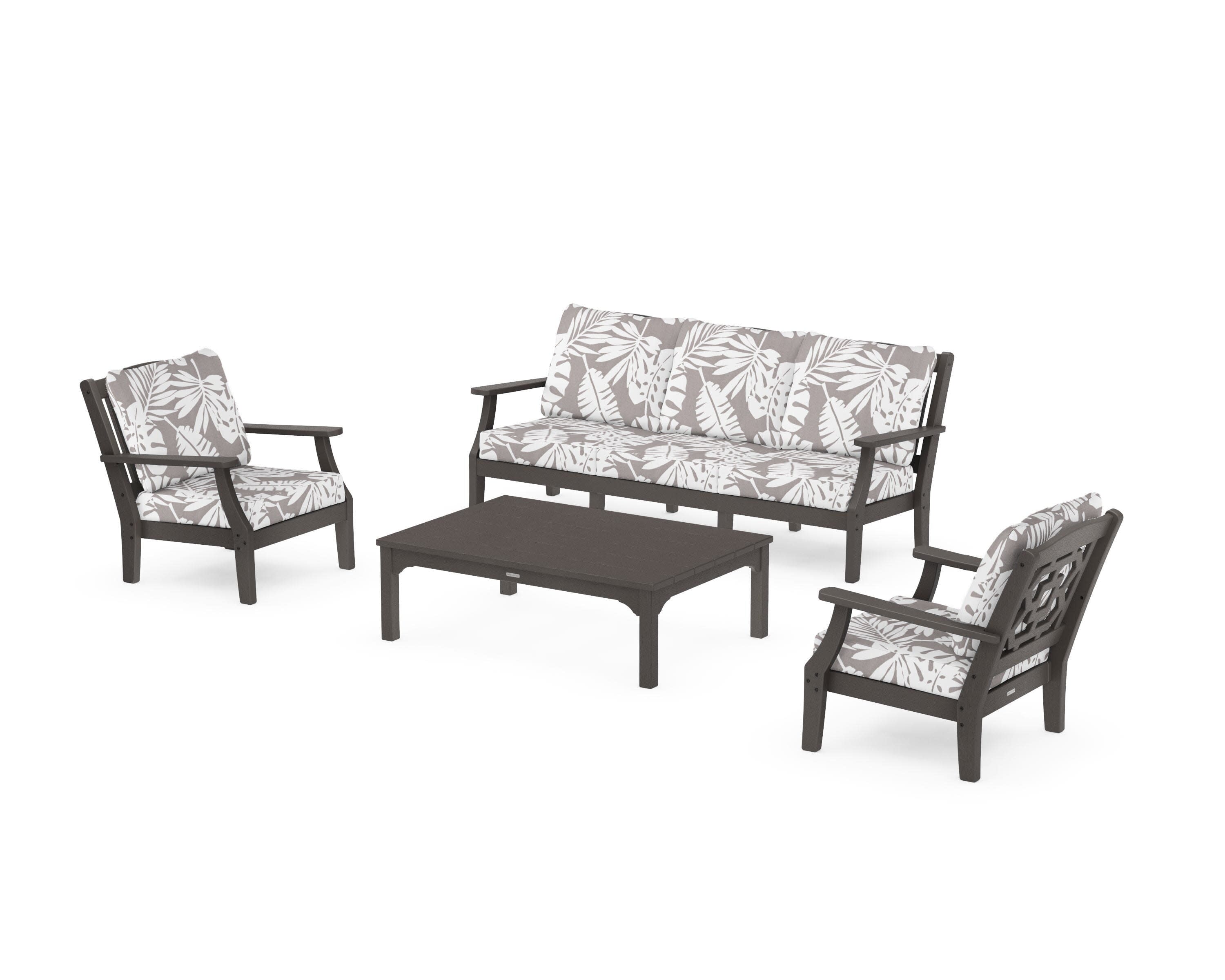 Chinoiserie 4-Piece Deep Seating Set with Sofa in Vintage Coffee / Leaf Grey Mist