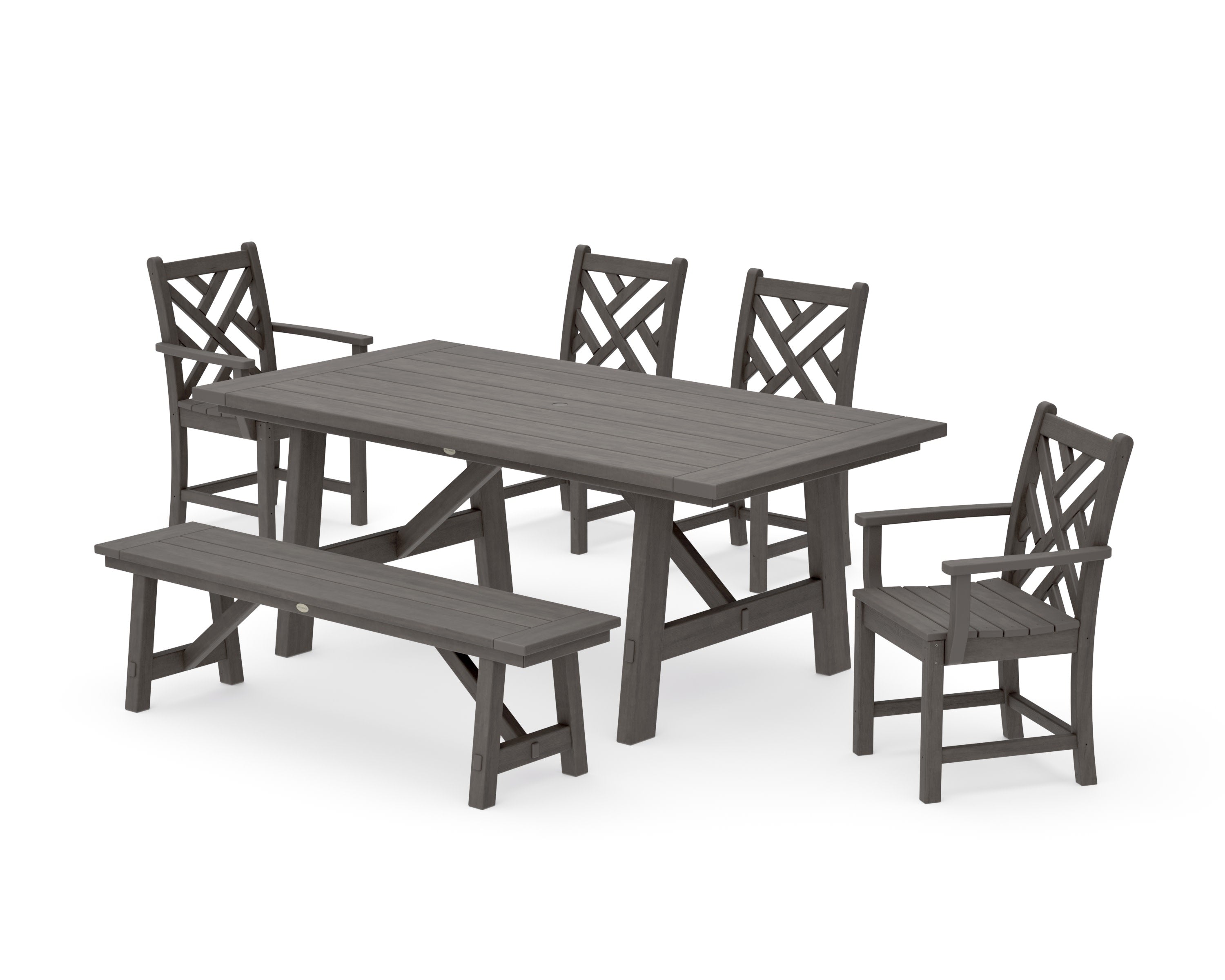 Chippendale 6-Piece Rustic Farmhouse Dining Set With Bench in Driftwood