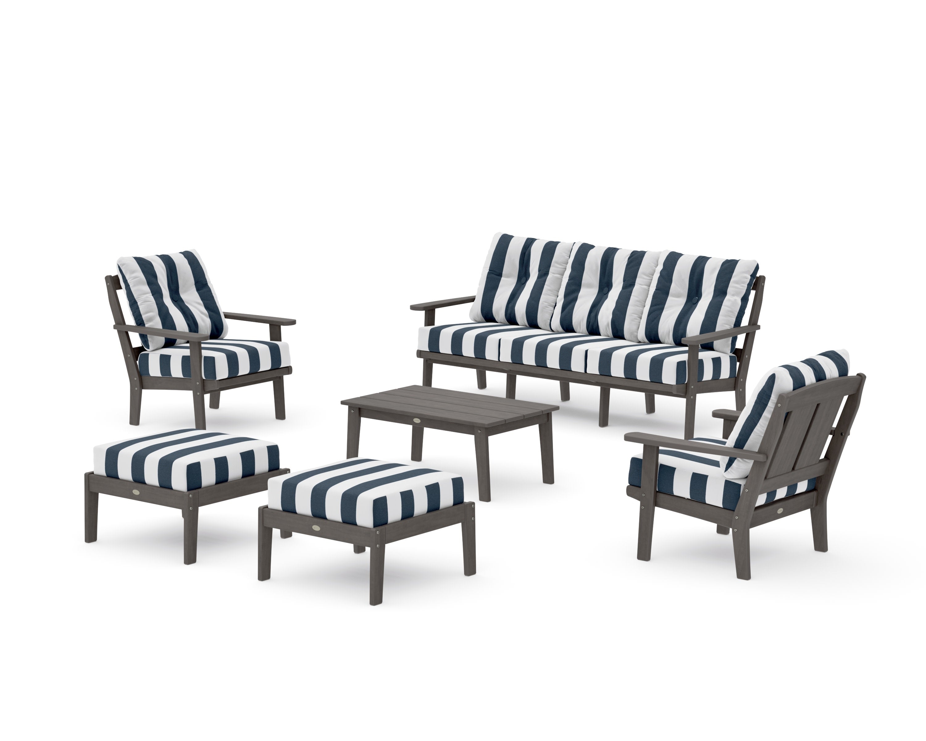Mission 6-Piece Lounge Sofa Set in Driftwood / Cabana Stripe Marine Indigo