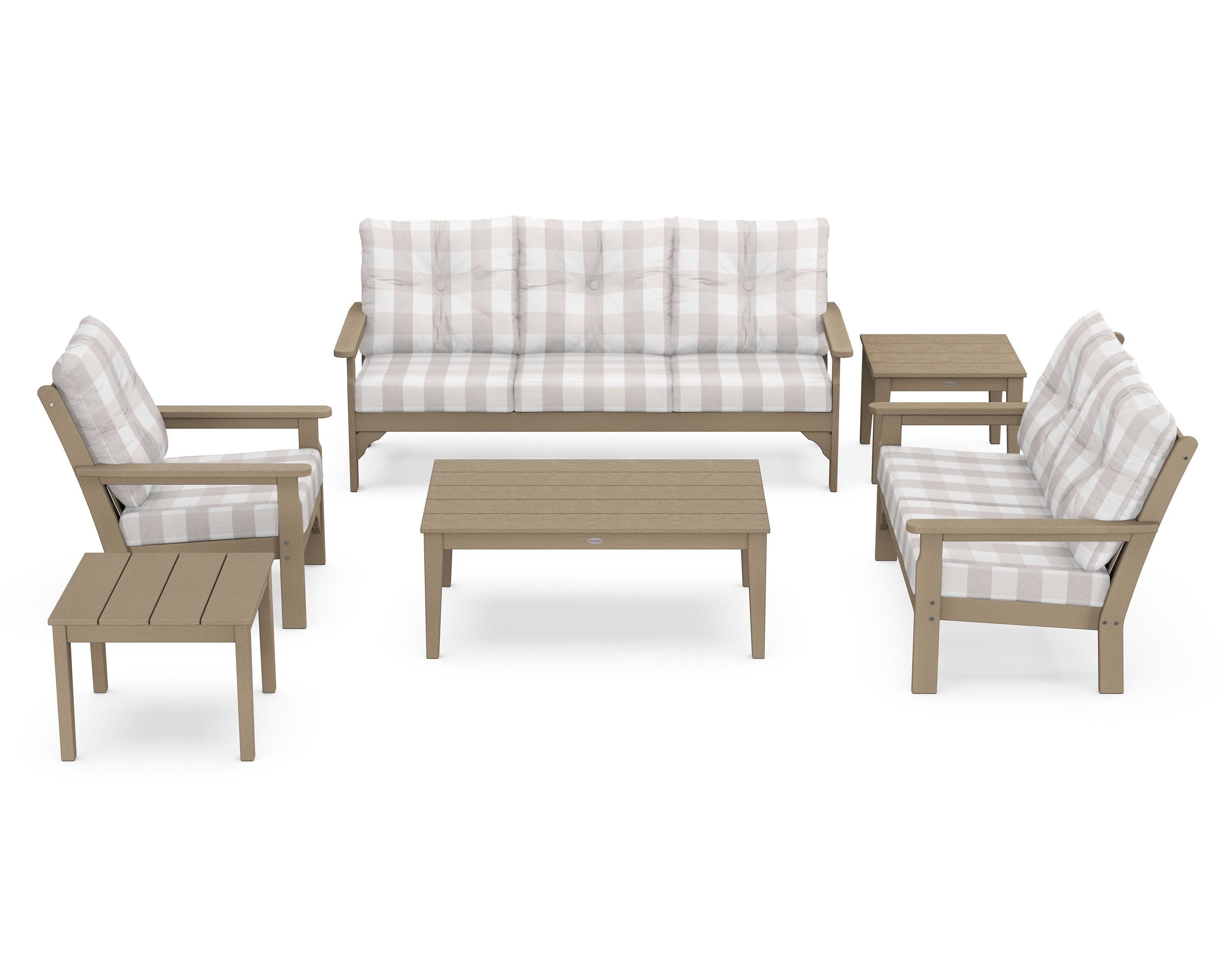 Vineyard 6-Piece Deep Seating Set in Vintage Sahara / Buffalo Plaid Dune Burlap