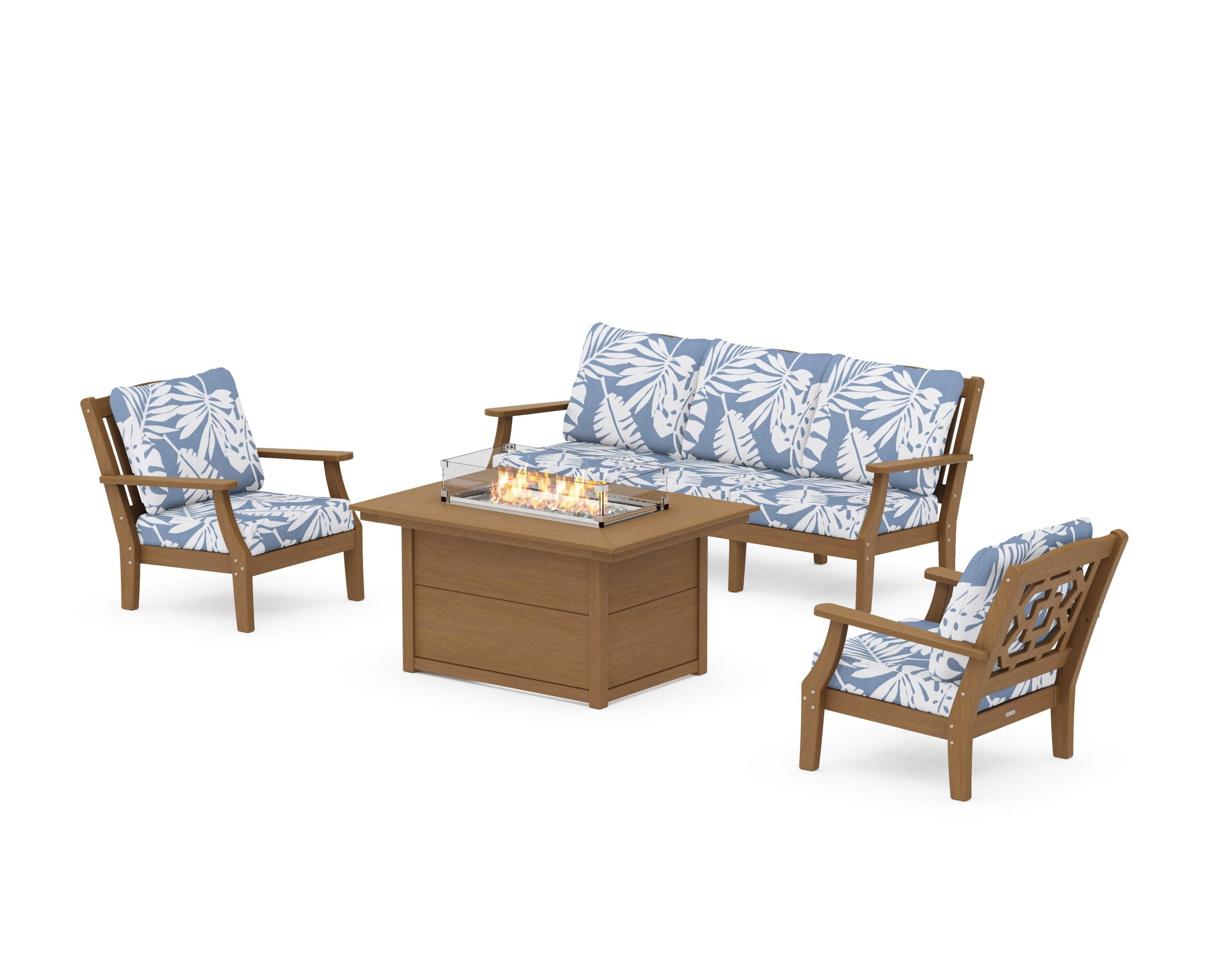 Chinoiserie Deep Seating Fire Pit Table Set in Natural / Leaf Sky Blue