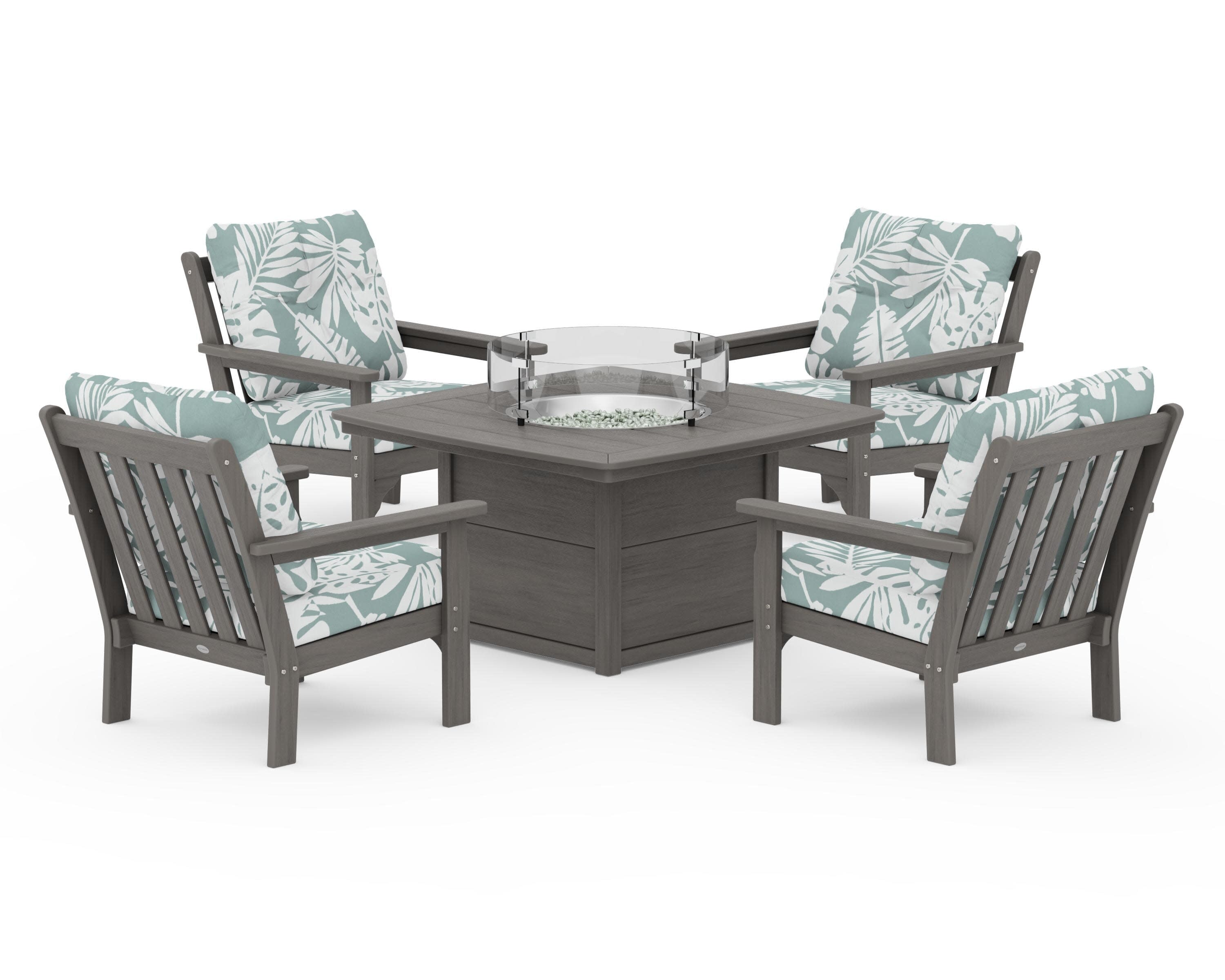 Vineyard 5-Piece Conversation Set with Fire Pit Table in Driftwood / Leaf Glacier Spa
