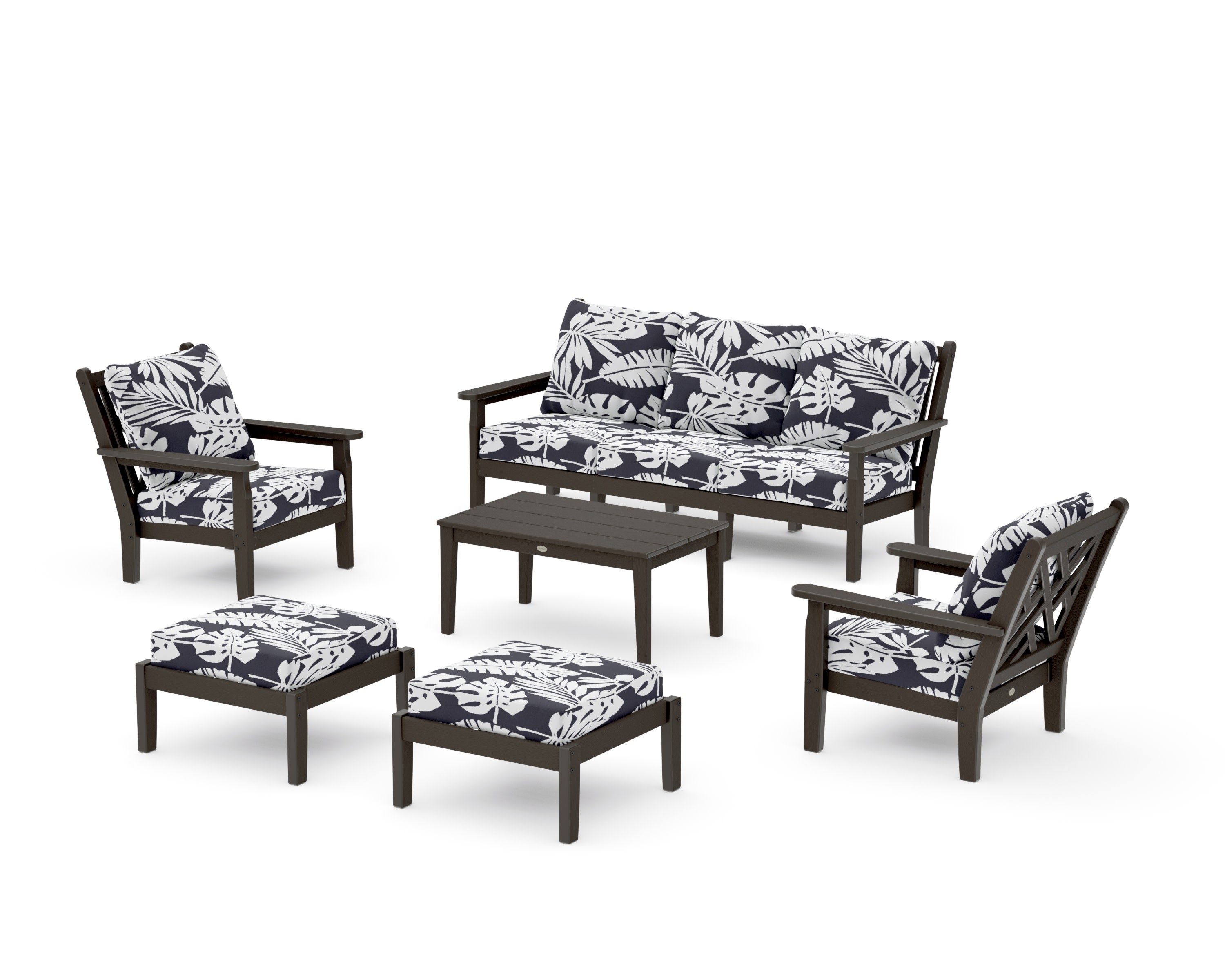 Chippendale 6-Piece Lounge Sofa Set in Vintage Coffee / Leaf Navy