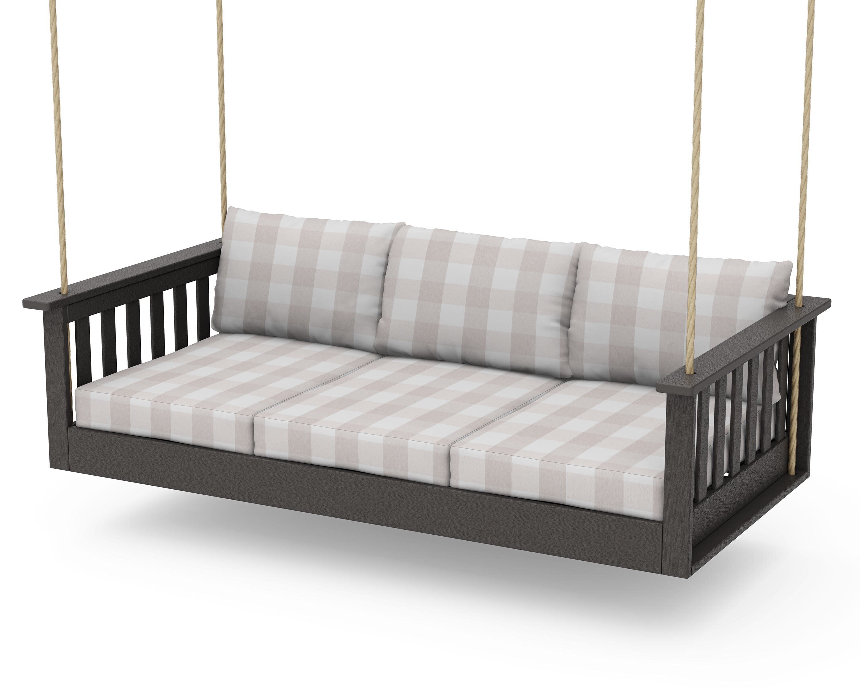 Vineyard Daybed Swing in Vintage Coffee / Buffalo Plaid Dune Burlap