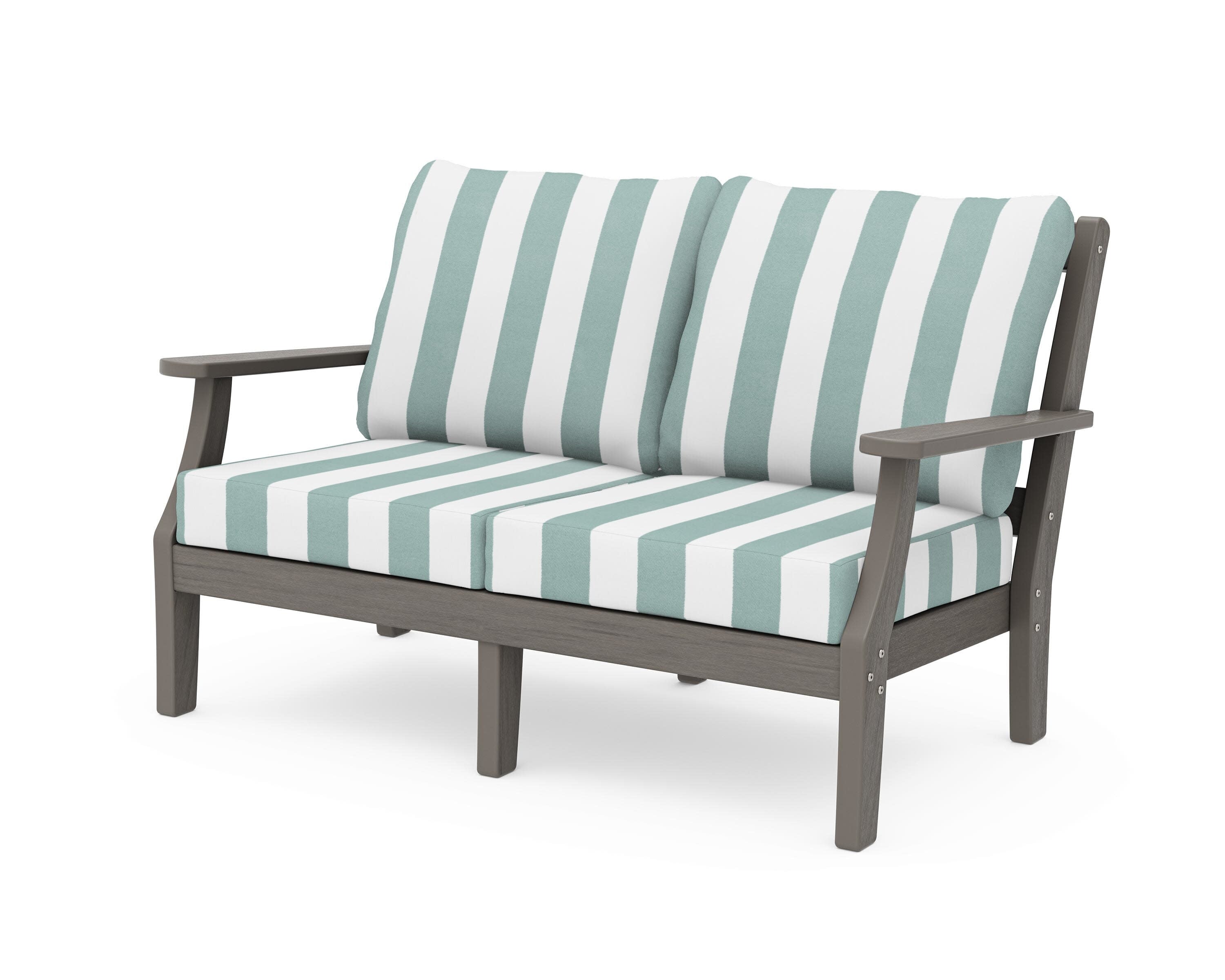 Chinoiserie Deep Seating Loveseat in Driftwood / Cabana Stripe Glacier Spa