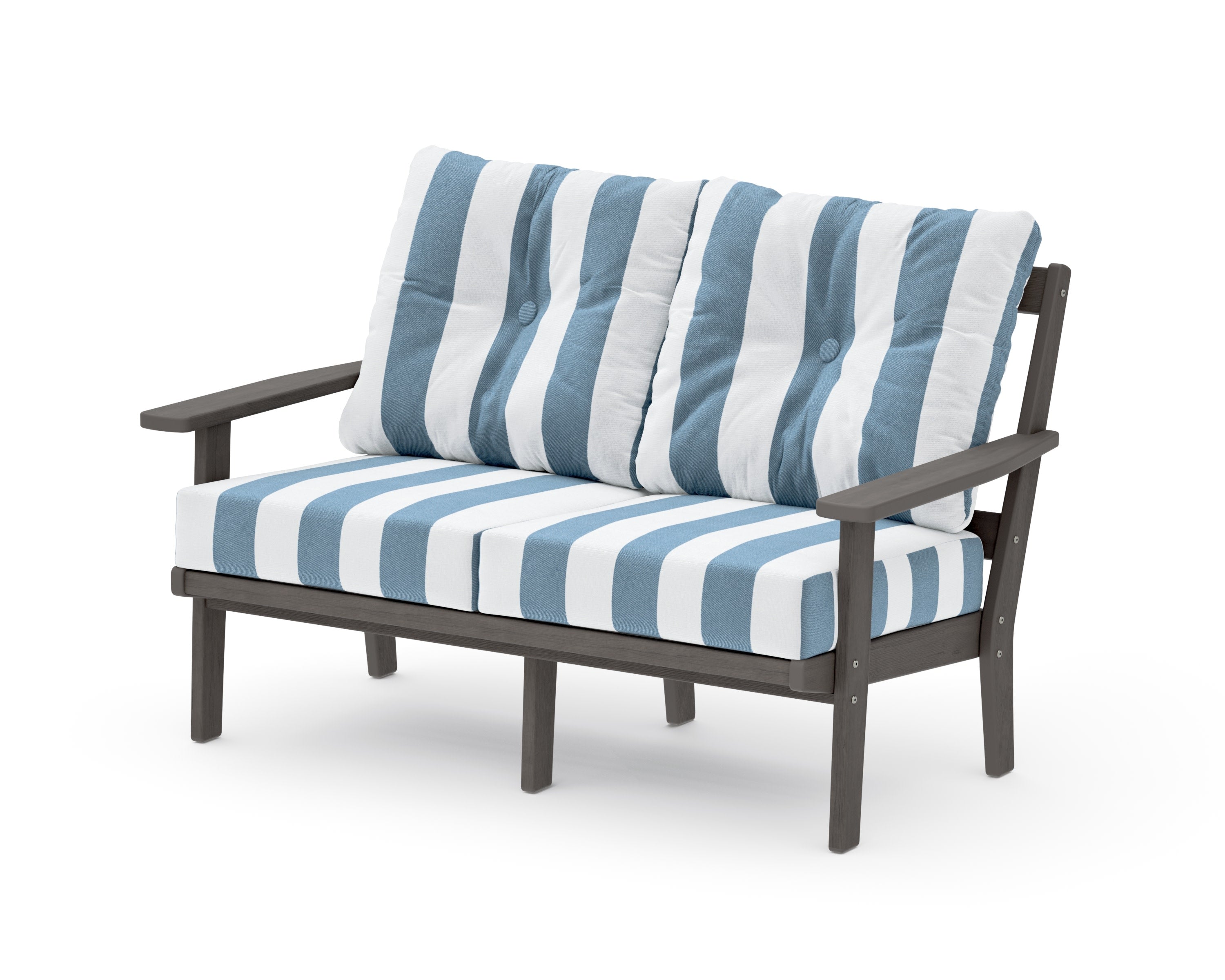 Prairie Deep SeatingLoveseat in Driftwood / Cabana Stripe Sky Blue