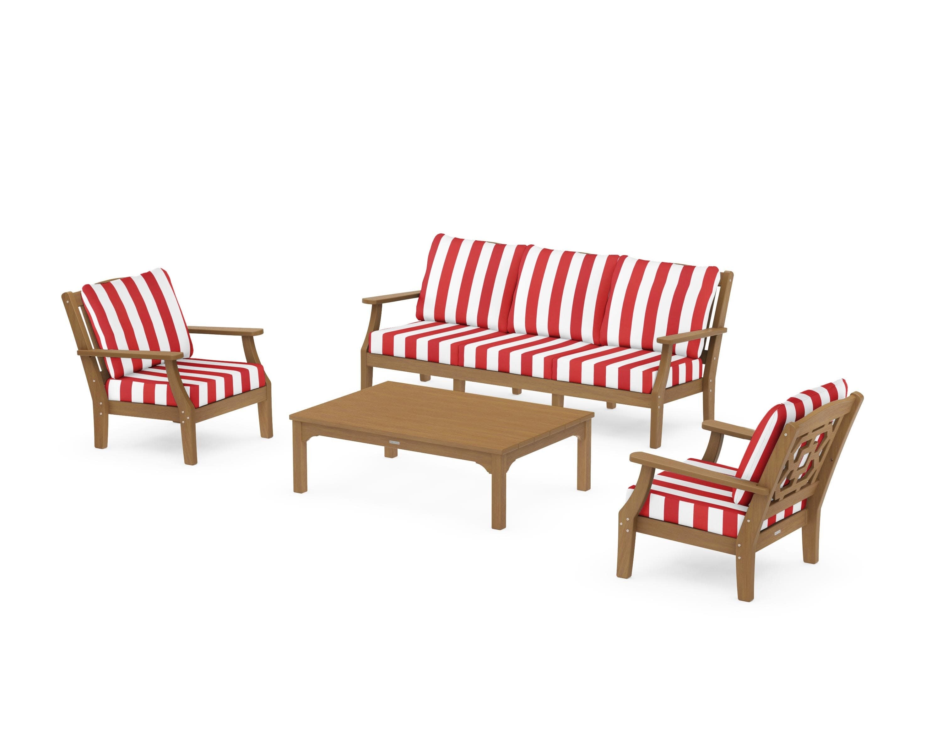 Chinoiserie 4-Piece Deep Seating Set with Sofa in Natural / Cabana Stripe Crimson
