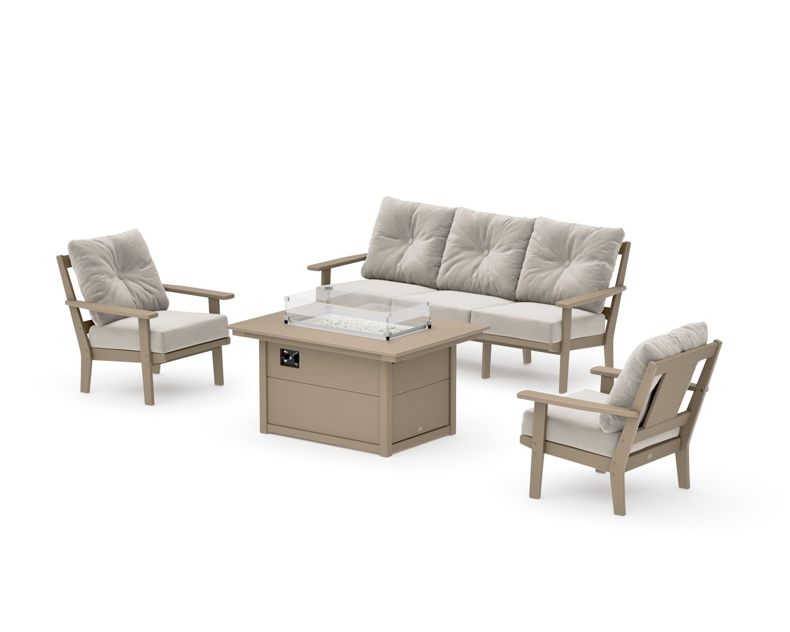 Prairie Deep Seating Fire Pit Table Set in Vintage Sahara / Dune Burlap