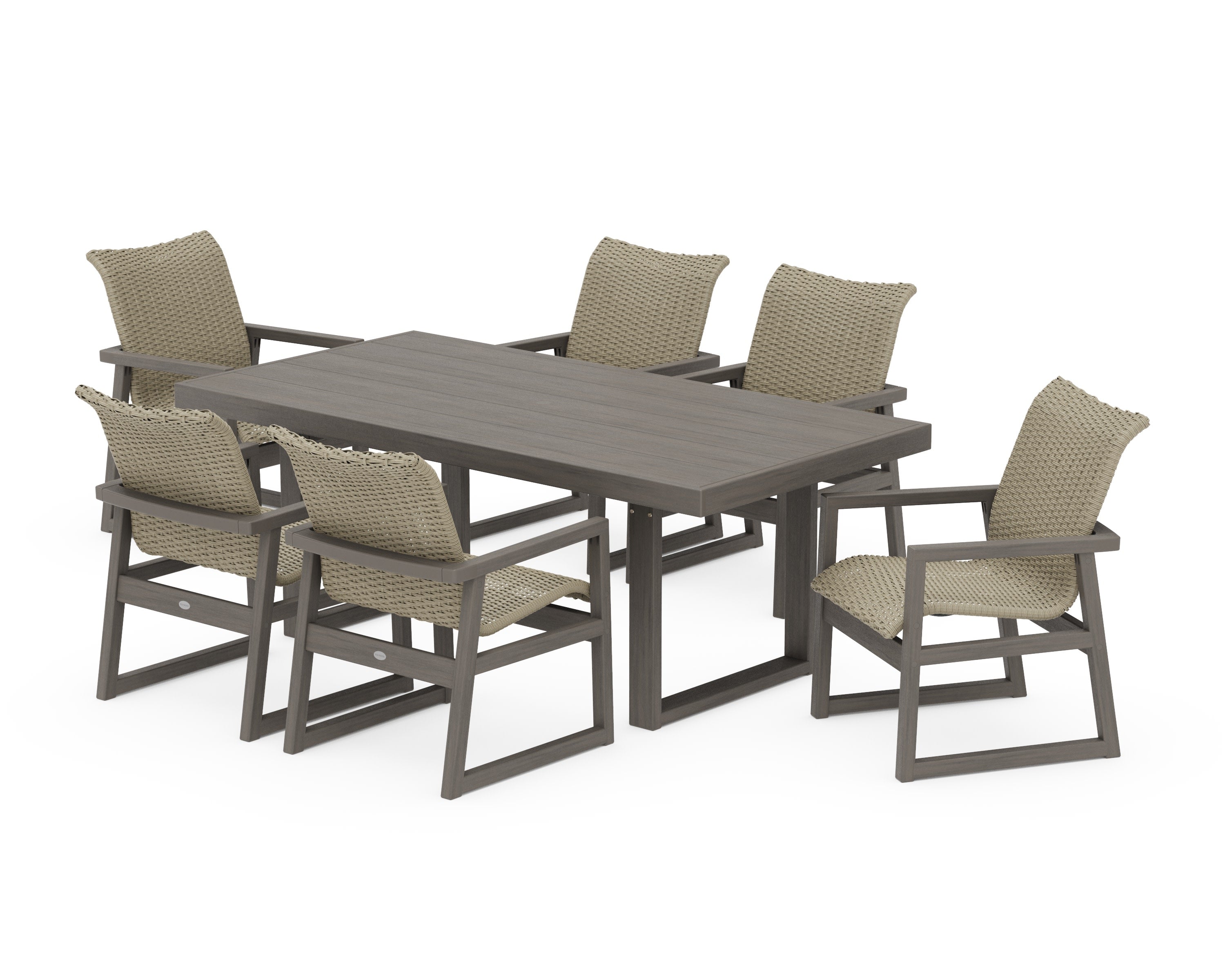 EDGE Woven Arm Chair 7-Piece Dining Set in Driftwood / Dune Grass