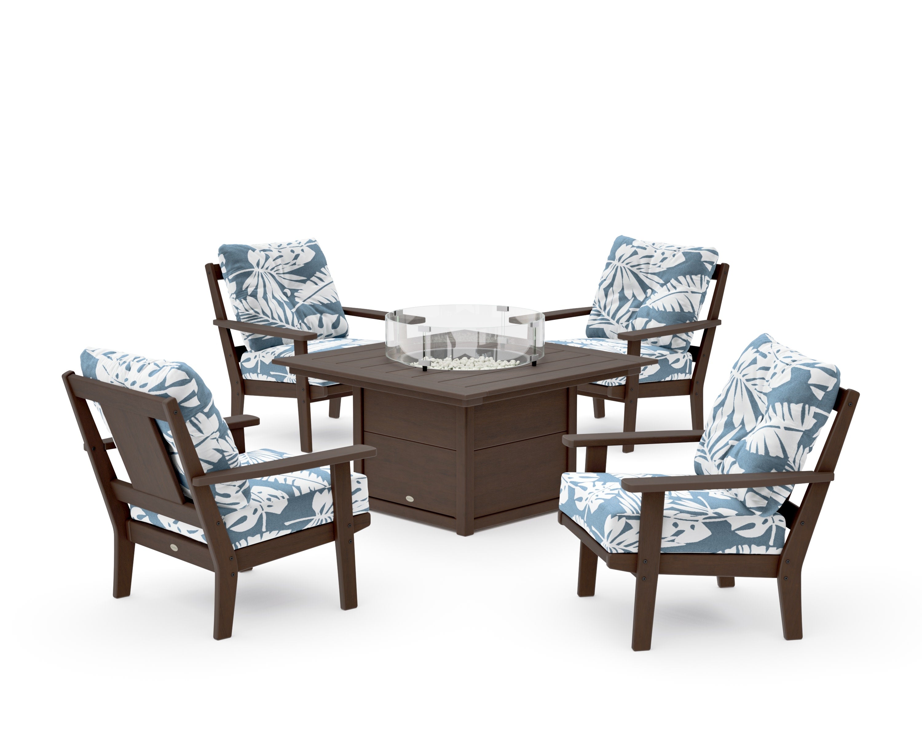 Prairie 5-Piece Deep Seating Set with Fire Pit Table in Kona / Leaf Sky Blue