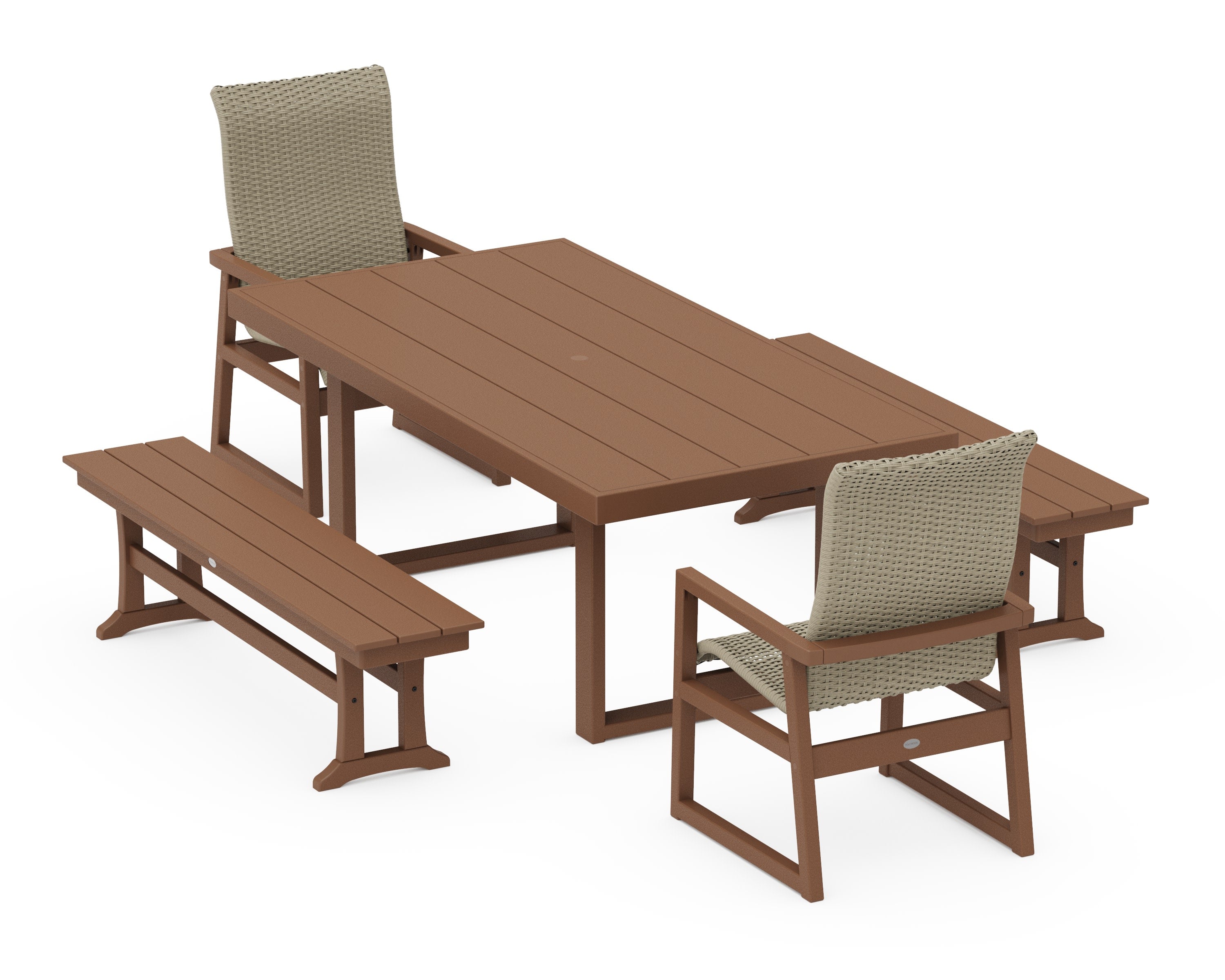 EDGE Woven Highback 5-Piece Dining Set with Benches in Teak / Dune Grass