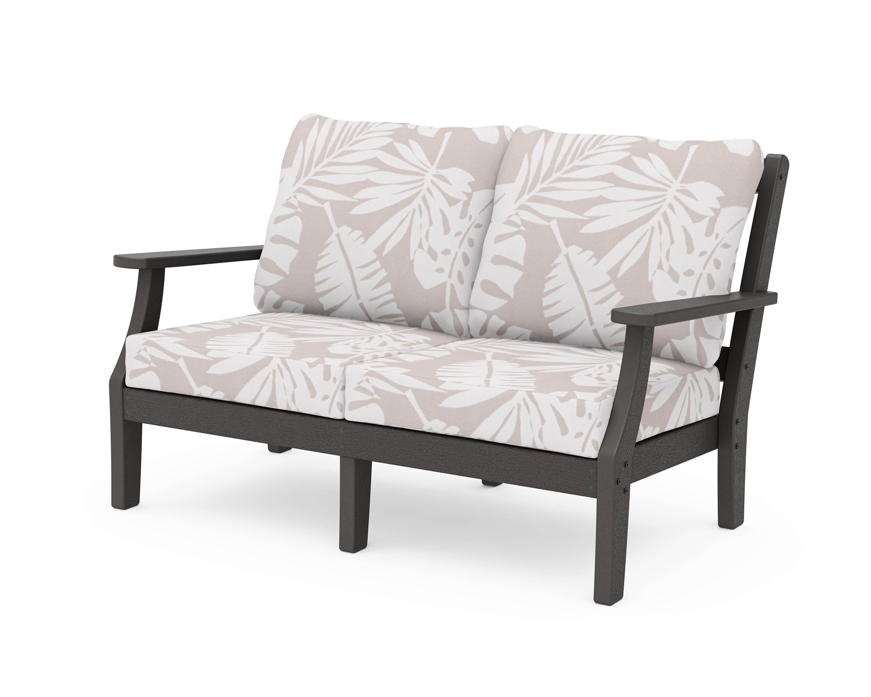 Chinoiserie Deep Seating Loveseat in Vintage Coffee / Leaf Dune Burlap