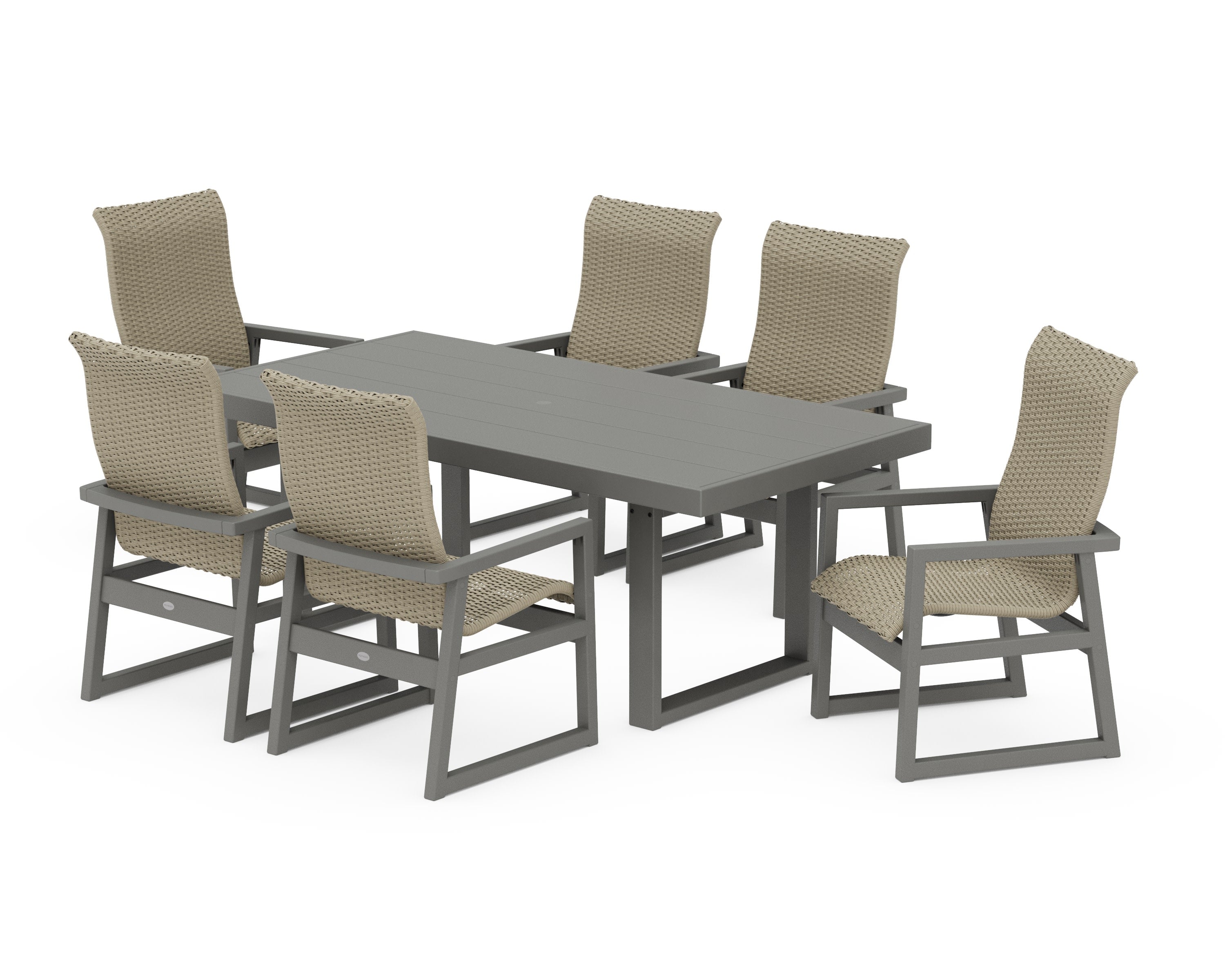EDGE Woven Highback Arm Chair 7-Piece Dining Set in Slate Grey / Dune Grass
