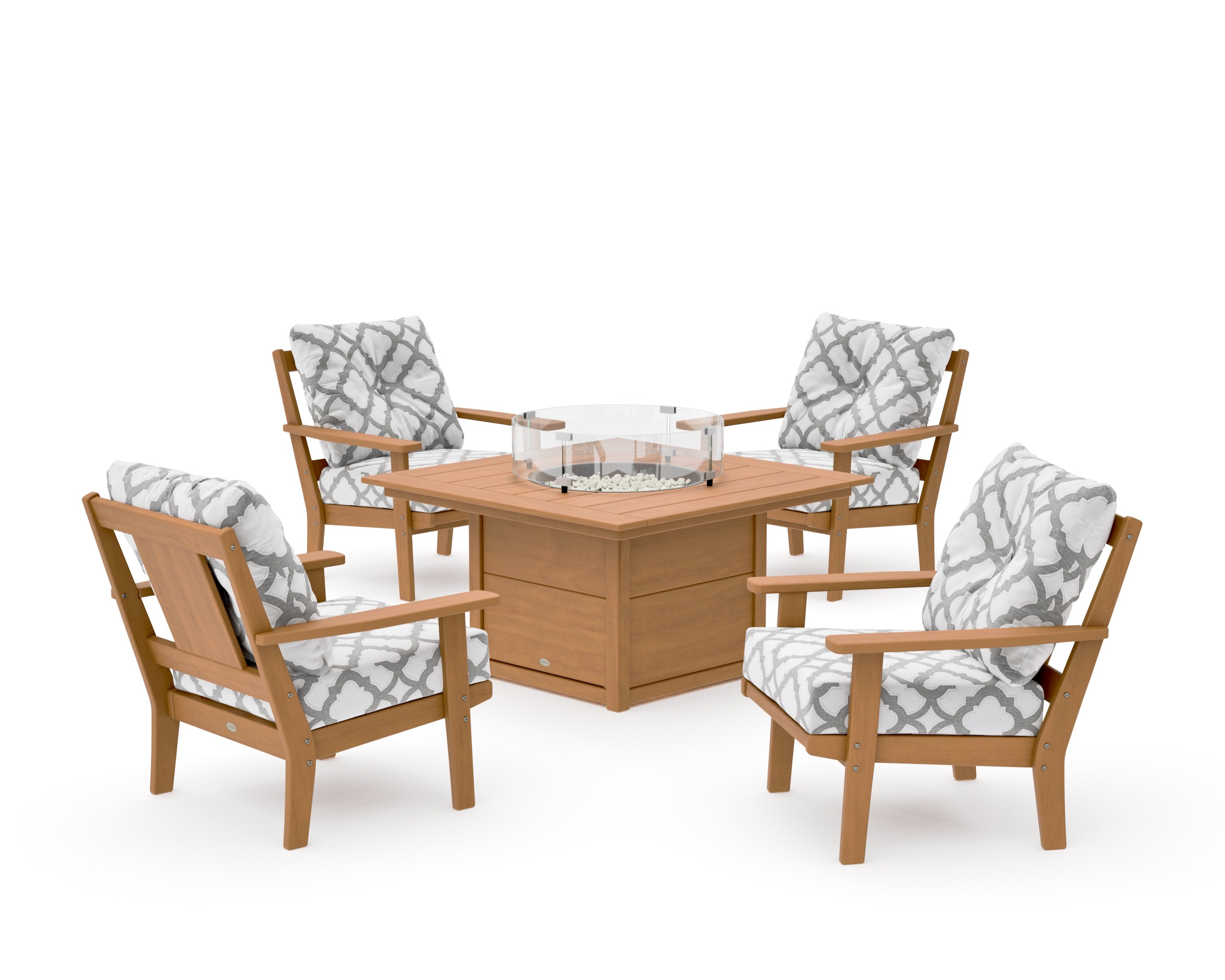 Prairie 5-Piece Deep Seating Set with Fire Pit Table in Natural / Trellis Grey Mist