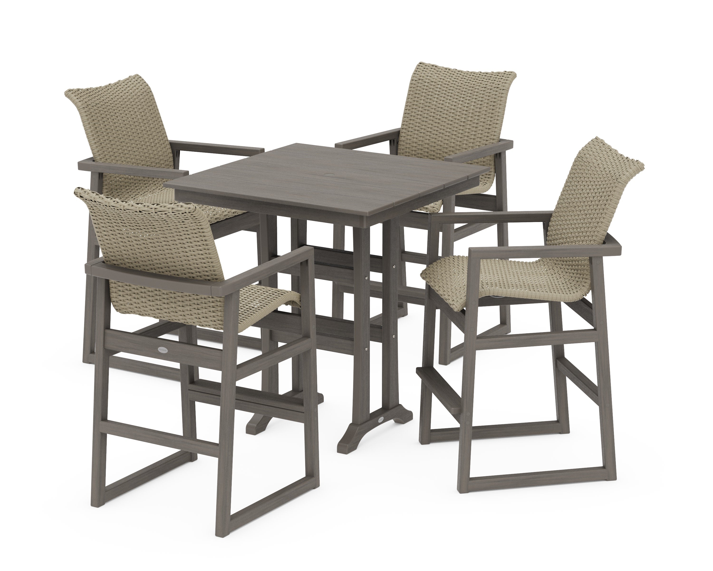 EDGE Woven 5-Piece Farmhouse Bar Set with Trestle Legs in Driftwood / Dune Grass