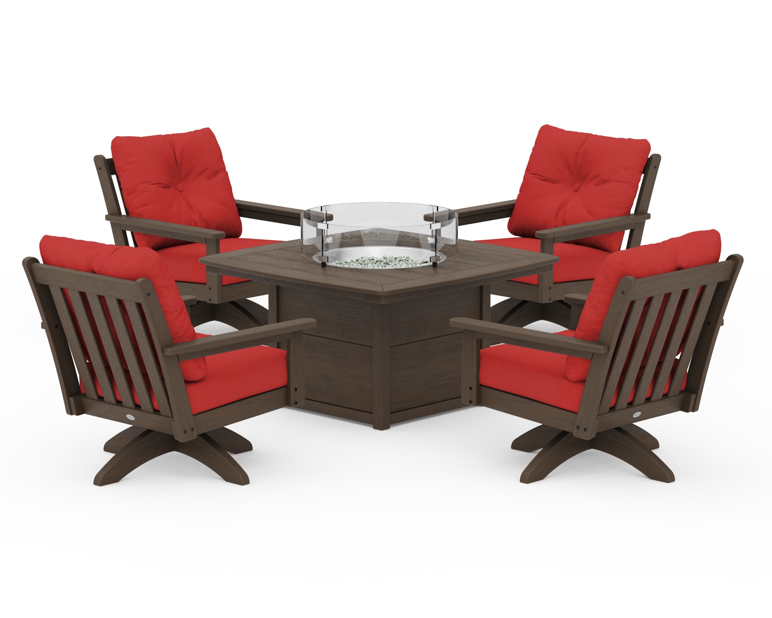 Vineyard 5-Piece Deep Seating Swivel Conversation Set with Fire Pit Table in Kona / Crimson Linen