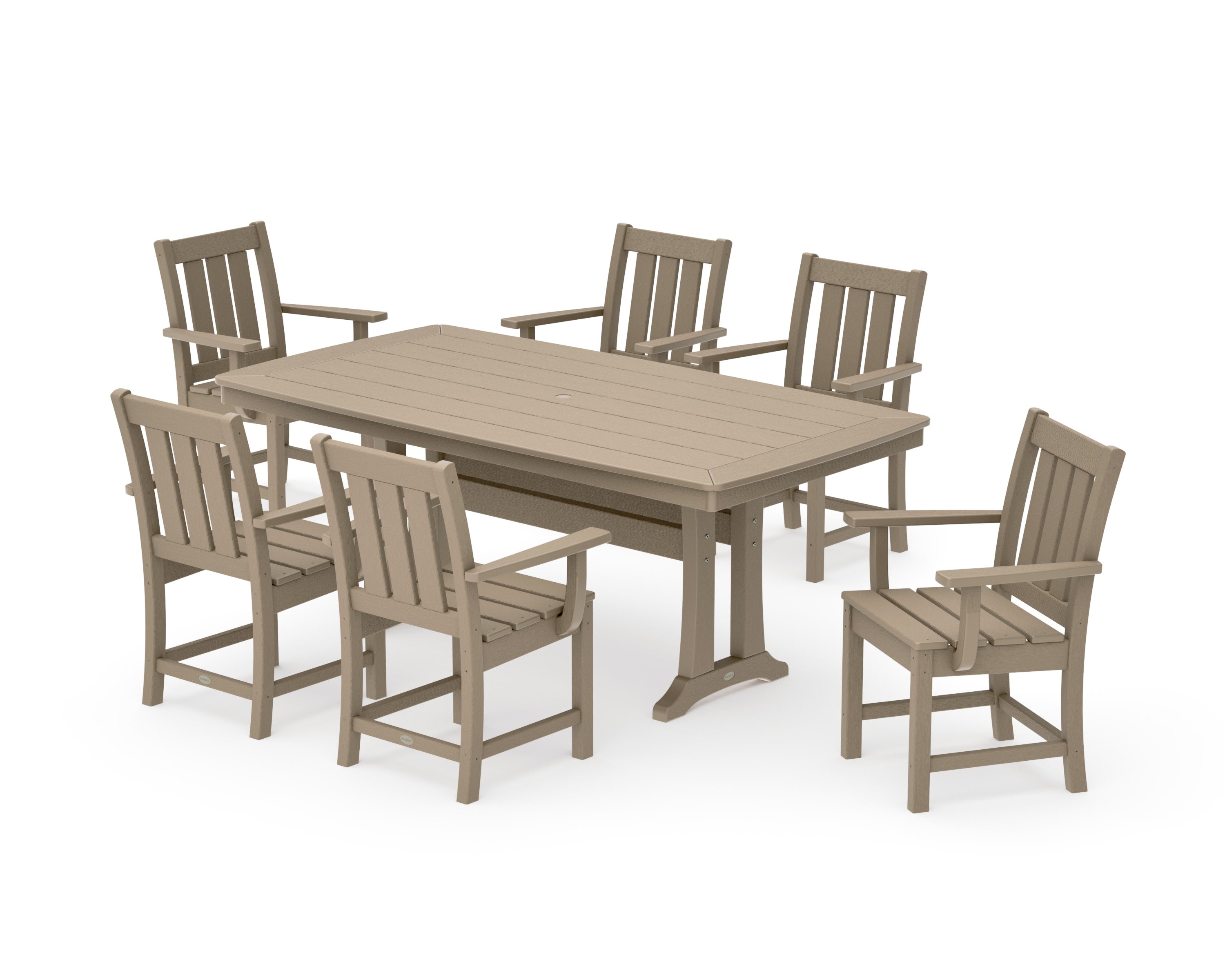 Oxford Arm Chair 7-Piece Dining Set with Trestle Legs in Vintage Sahara